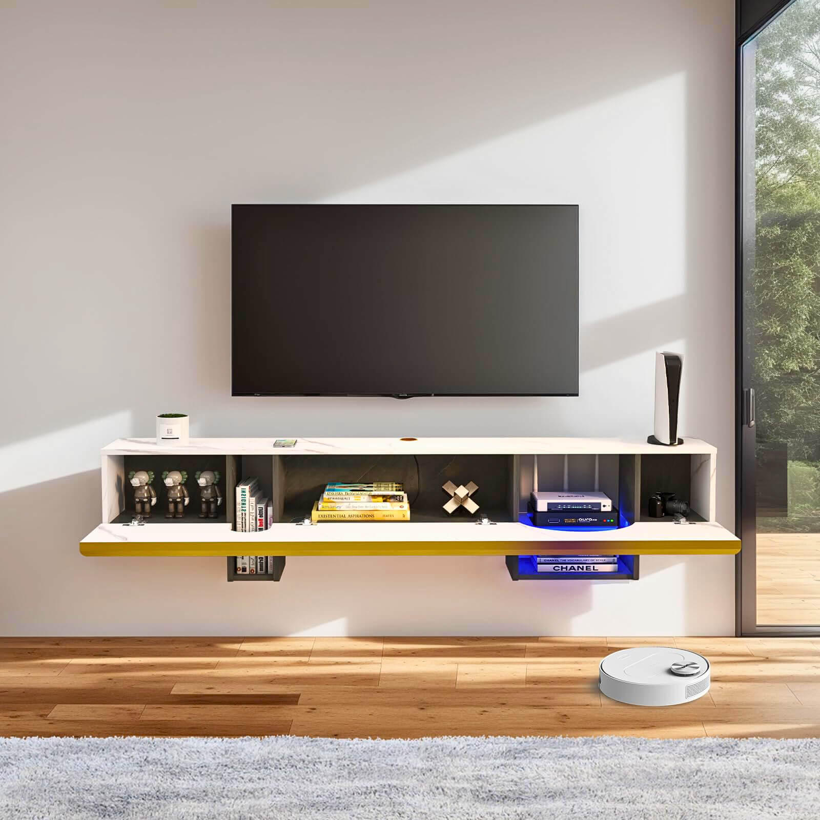 62.99" Marble White Modern Wood Floating TV Cabinet with Open Shelves