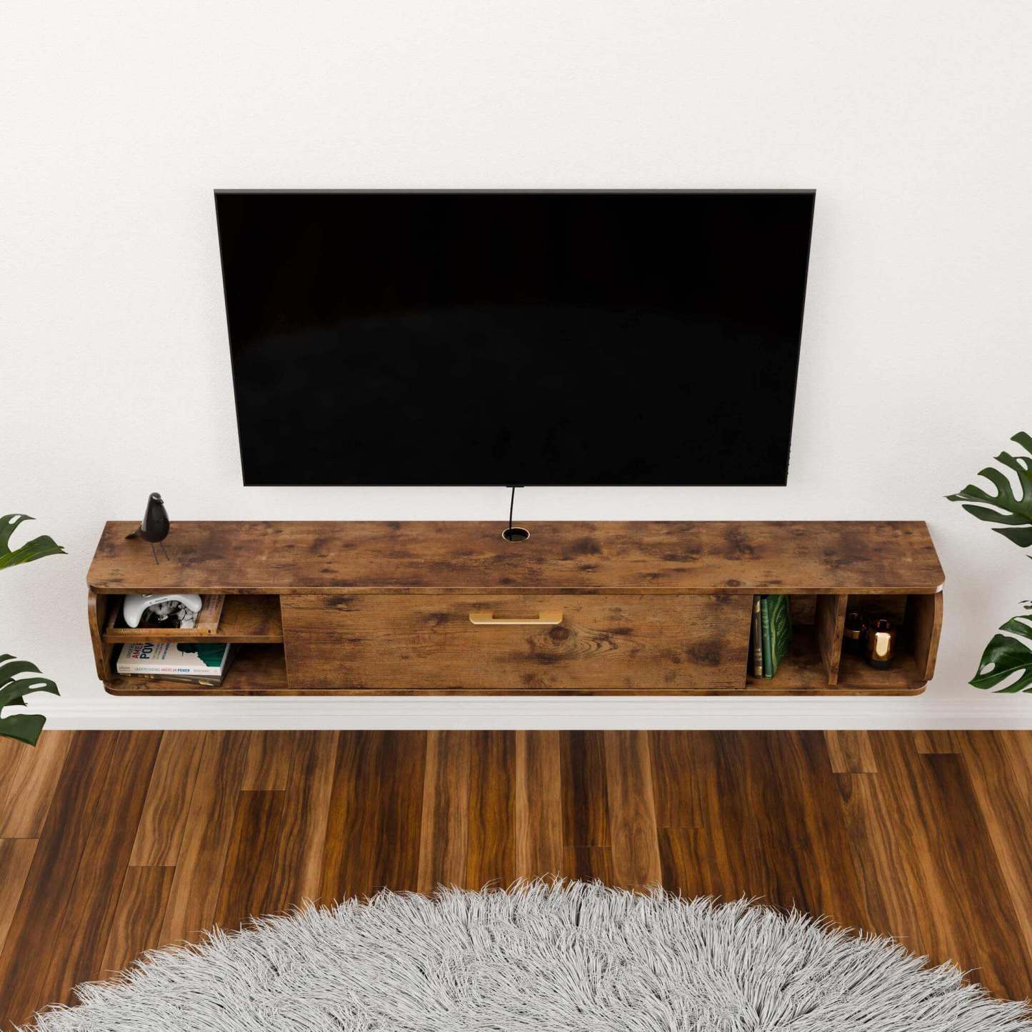 67" Rustic Brown Wood Floating TV Stand with Gold Accent for 70" 75" Televisions