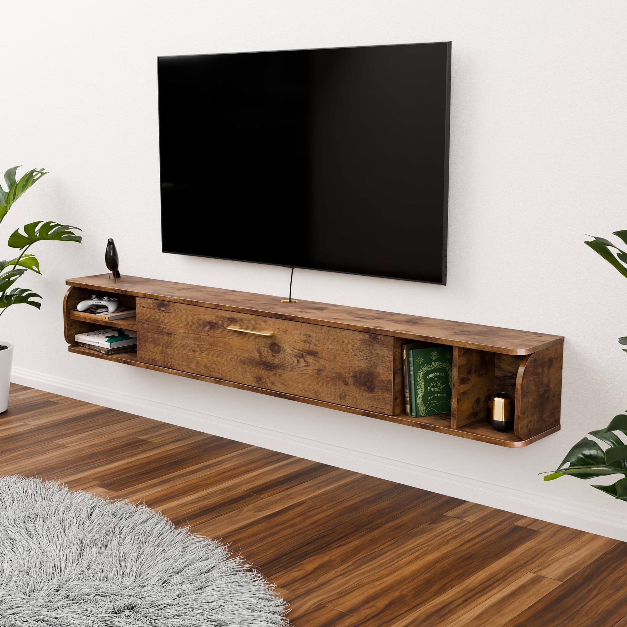 75.98" Modern Rustic Brown Wood Floating TV Stand with Gold Accent for 75" 80" TVs