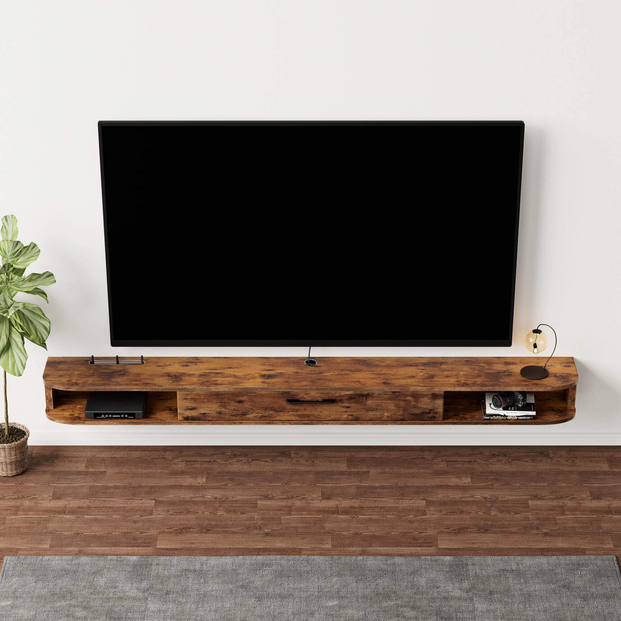 94.48" Rustic Brown Plywood Slim Floating TV Stand Wall Shelf for 85-100 Inch TVs