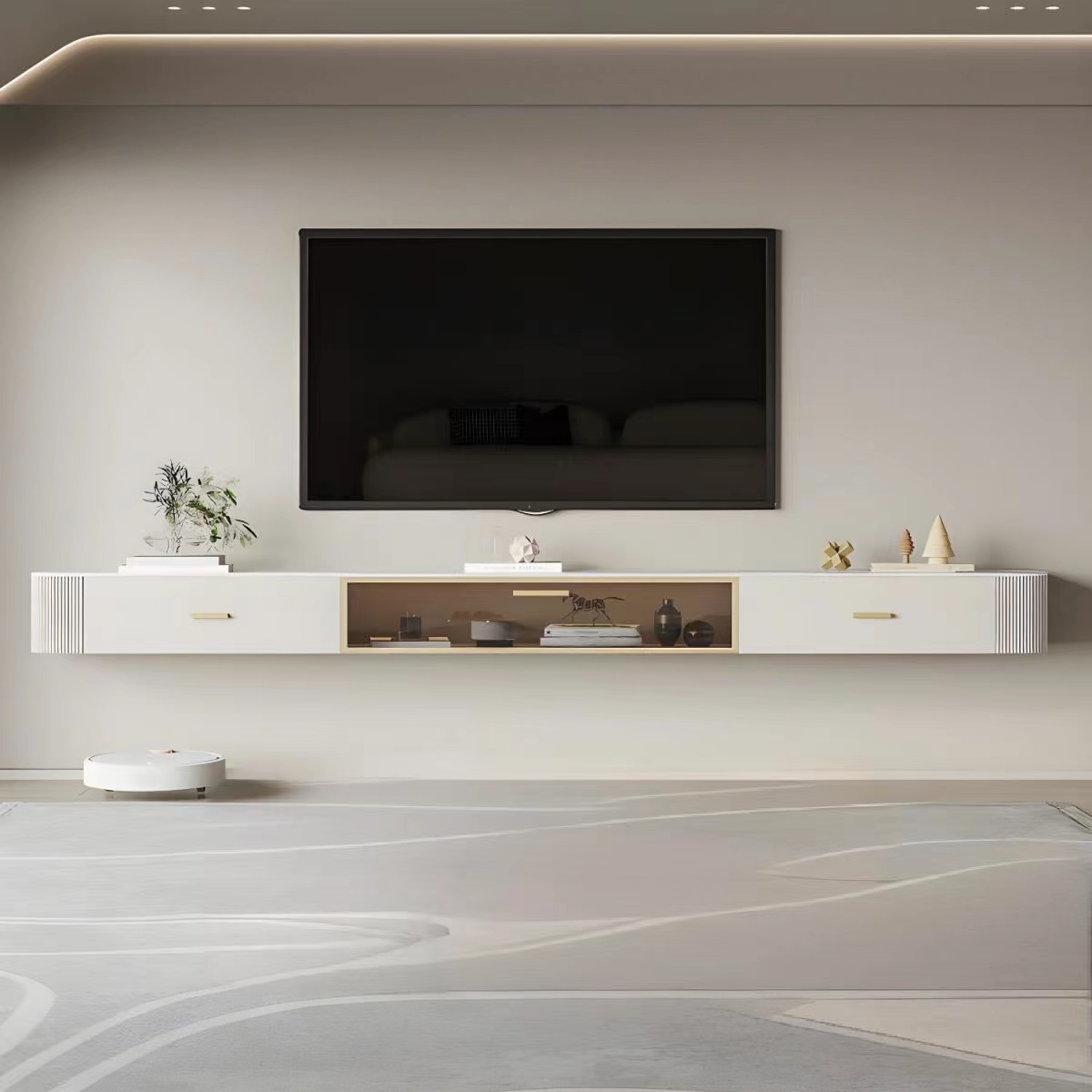 71" Contemporary White Stone and Wood Floating TV Stand with 2-Drawer TV Media Console for 75" 80" TVs