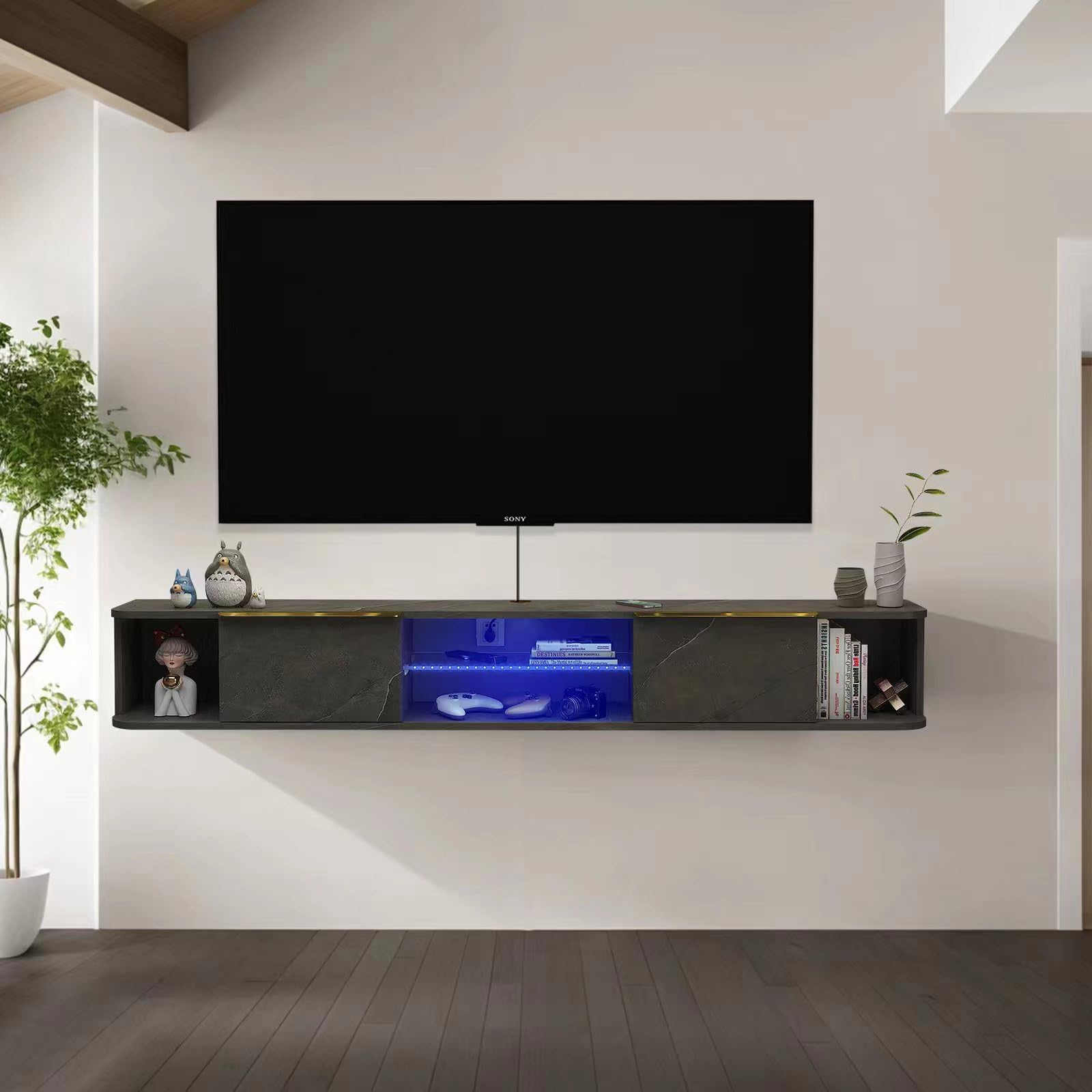 63" Modern Plywood Floating TV Stand for 65" 70" TVs with LED Lights, Dark Grey