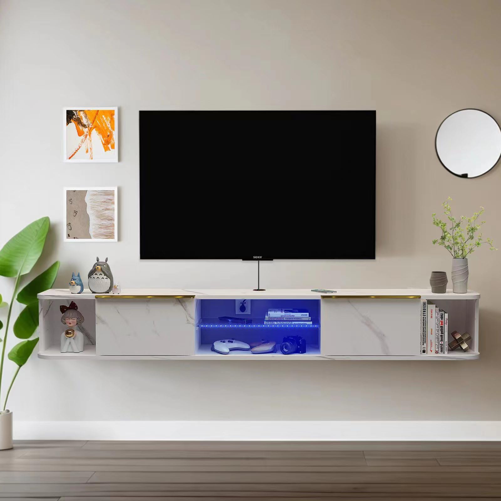 Custom Plywood Floating TV Stand Media Wall Shelf with LED Lights Media Console