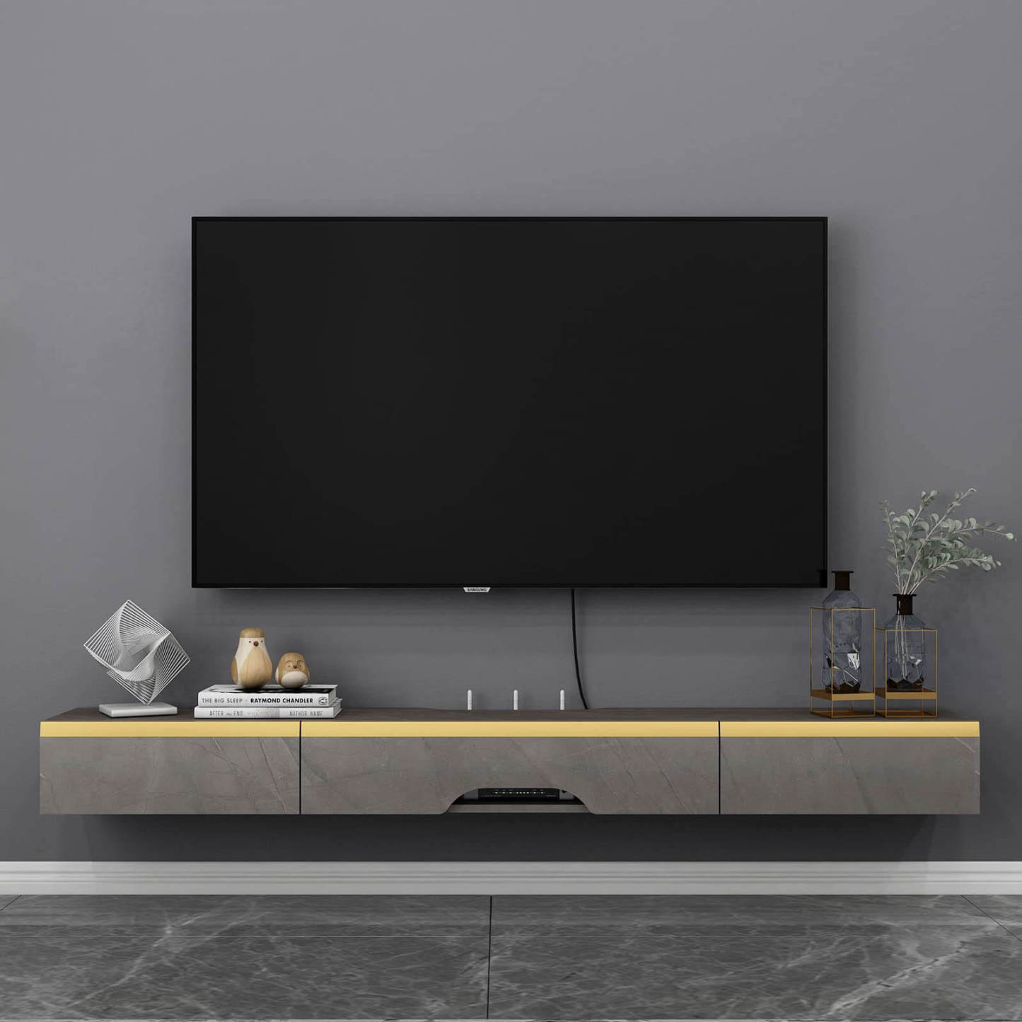 66.92" Plywood Floating TV Stand with Drawers for 70" 75" Televisions, Dark Grey with Golden