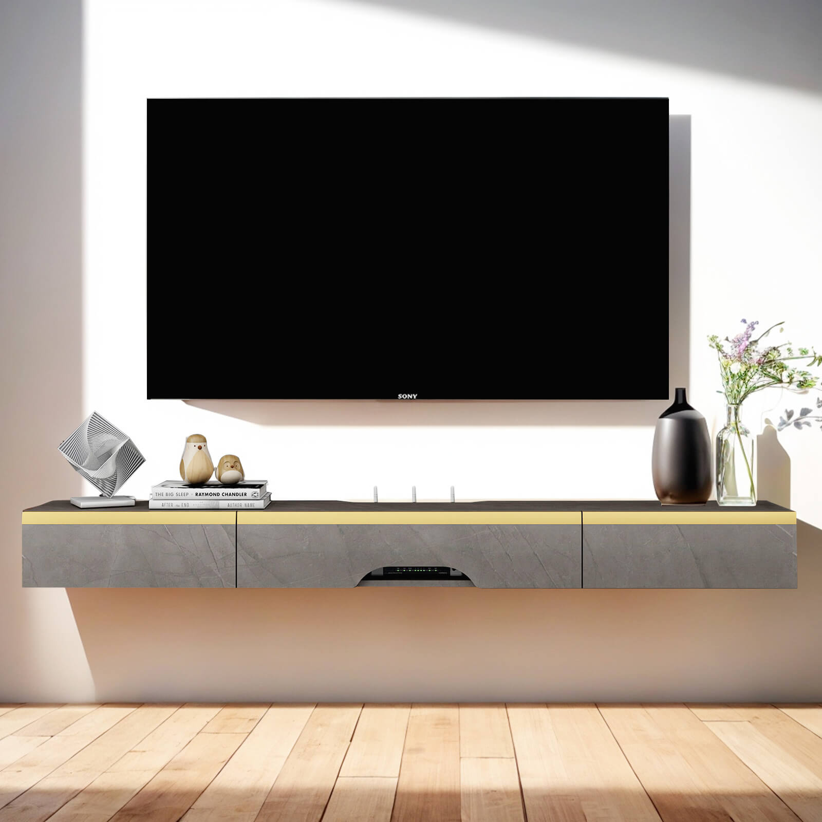 Plywood Floating TV Stand with Drawers for 60" 65" Televisions, Grey with Golden Accent