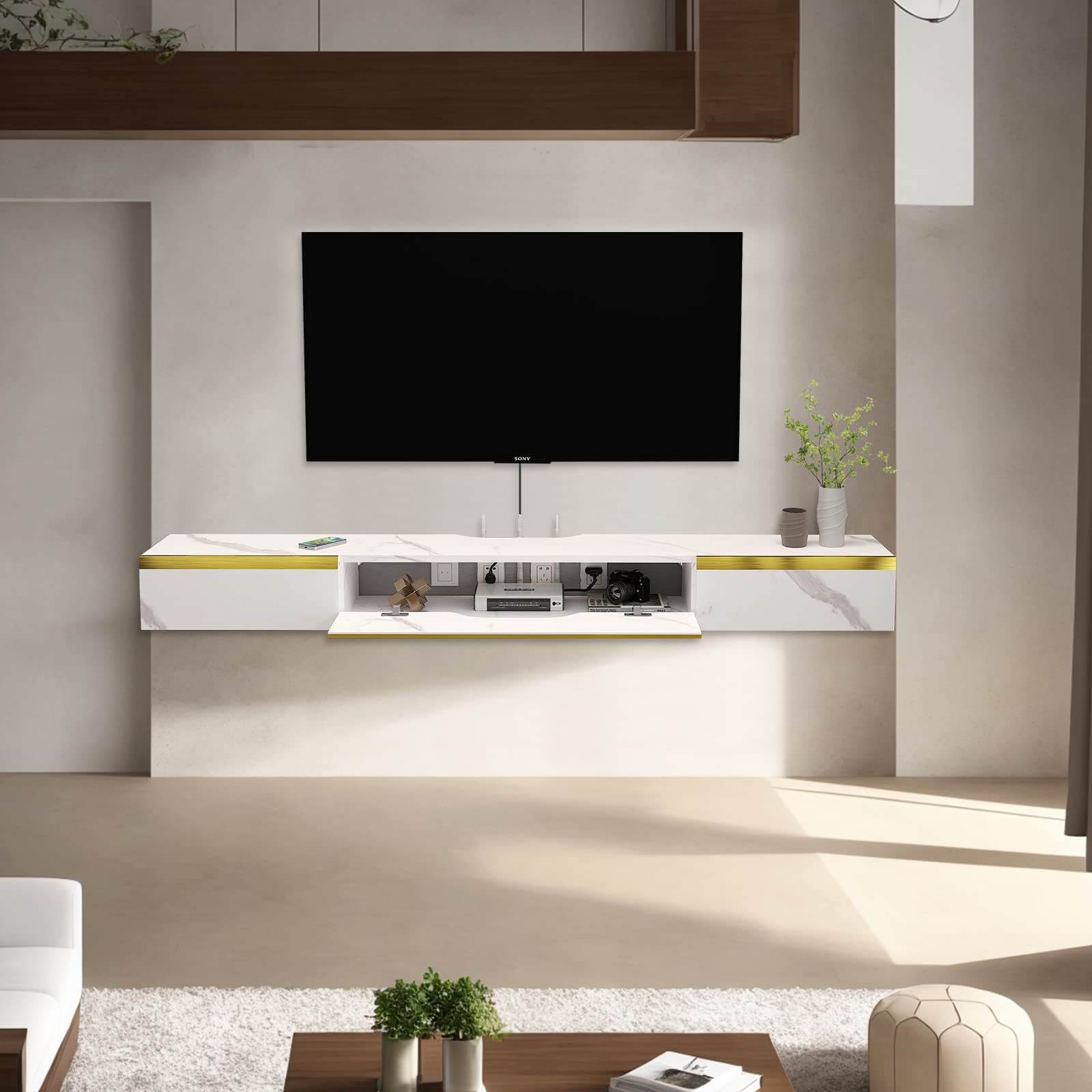 Plywood Floating TV Stand with Doors for 50" Televisions, White with Golden Accent