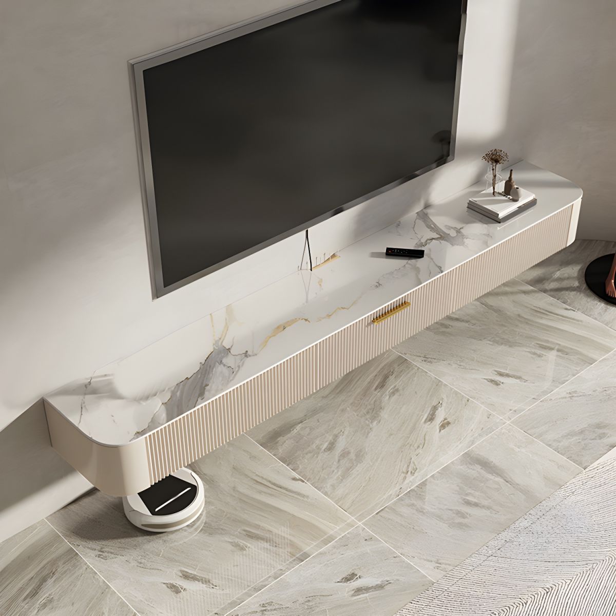 71" Modern Beige  Floating TV Stand with Enclosed Drawers Storage  Media Console for 75" 80" TVs