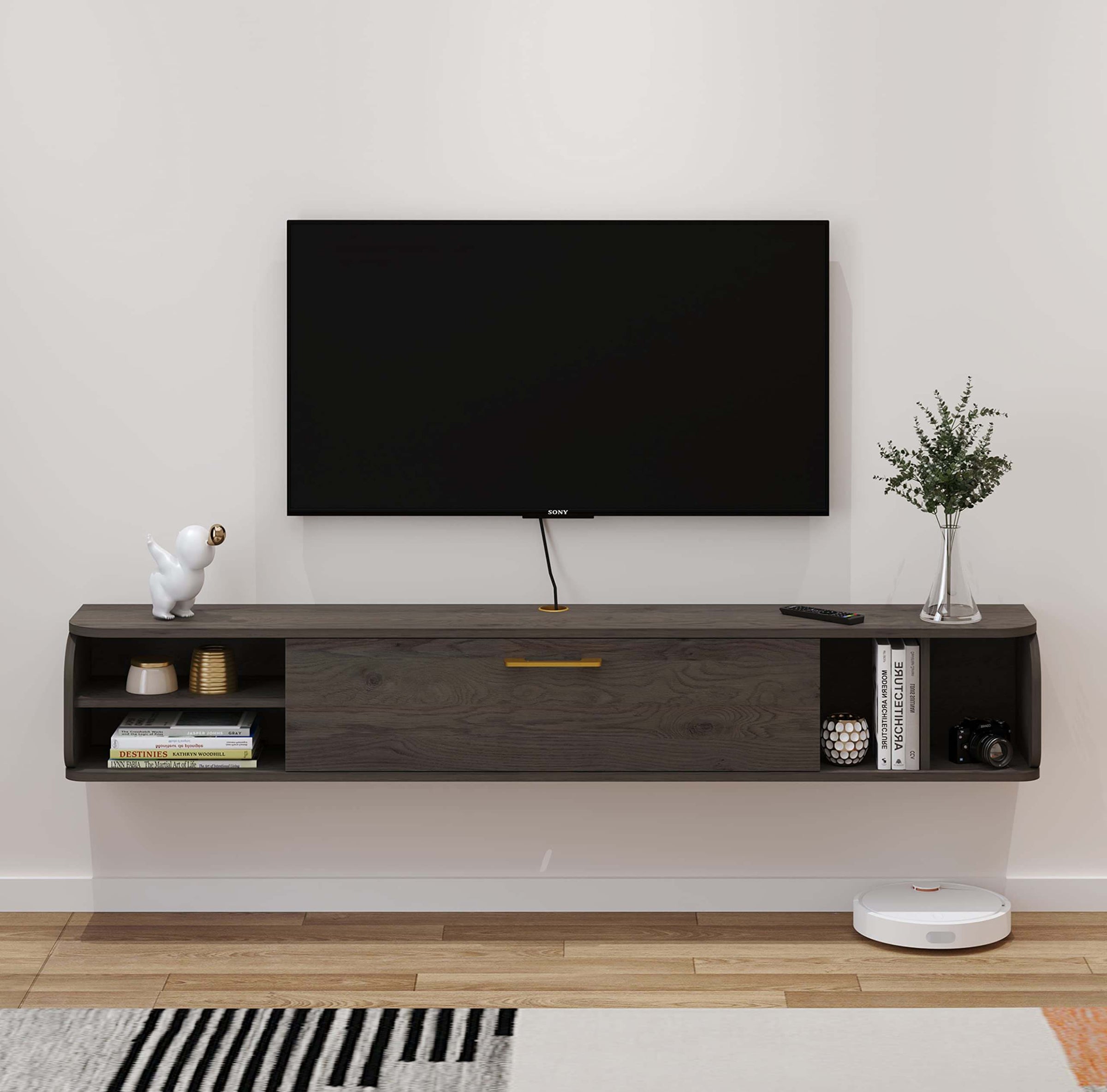 75.98" Rustic Wood Floating TV Stand with Gold Accent for 75" 80" Televisions, Grey
