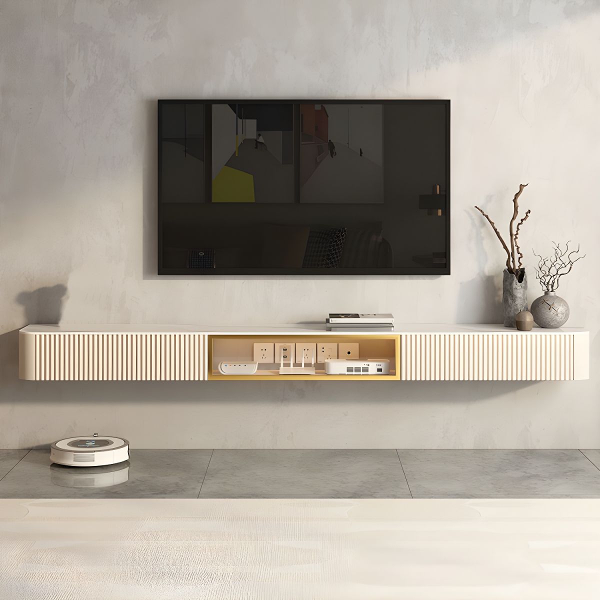 71" Contemporary White Floating TV Stand with 2 Drawers Media Console for 75" 80" TVs