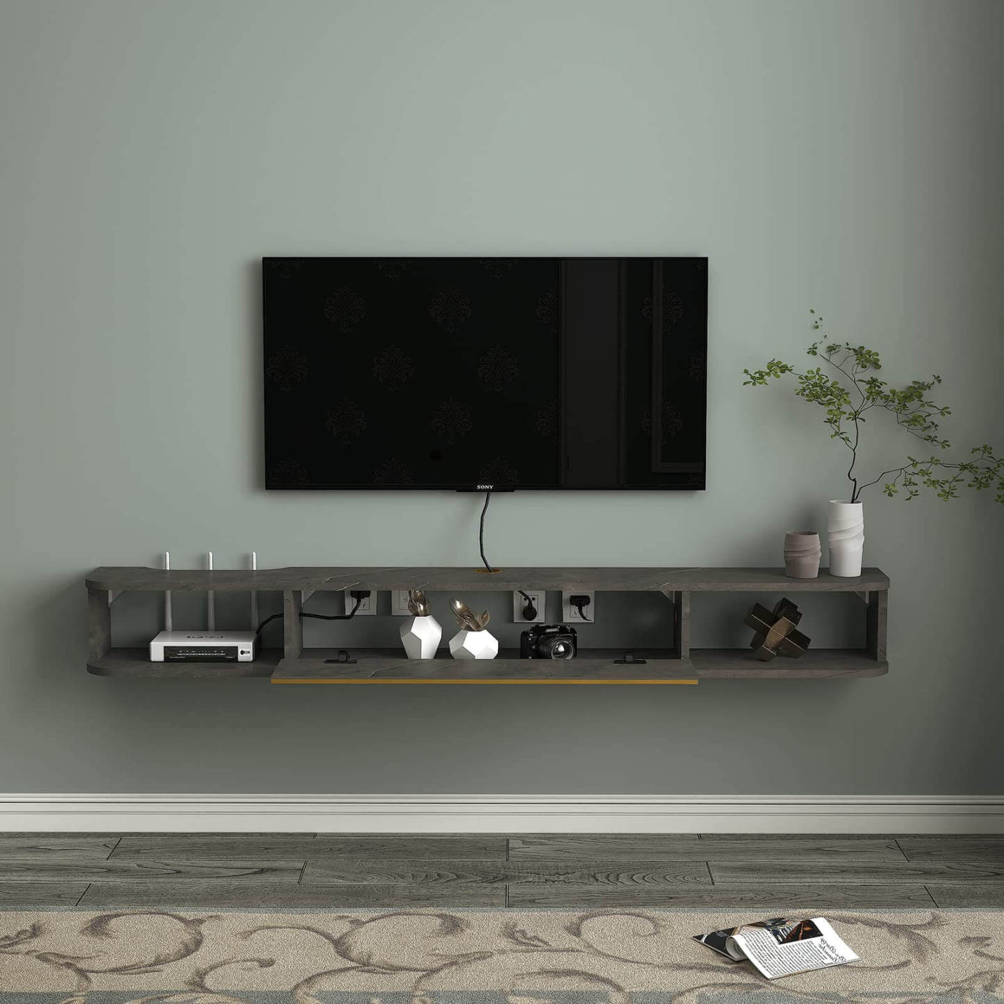 Plywood Floating TV Stand Wall Shelf with Golden Accent for 50" TVs, Dark Grey