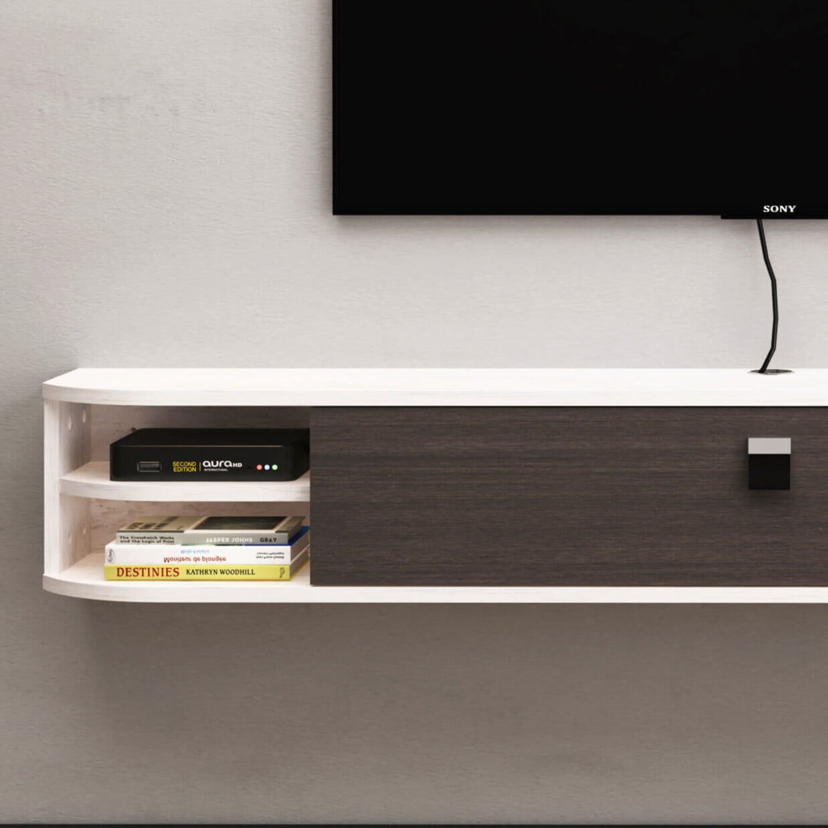 63.01" Off White Plywood Floating TV Stand Shelf with Storage Cubbies for 65" 70" Television