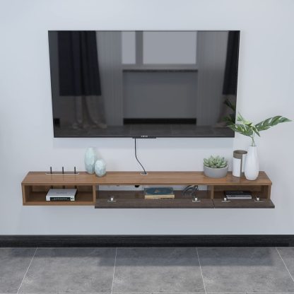 62.99" Plywood Floating TV Stand Wall Shelf with Two Doors for 65" 70" Televisions, Walnut