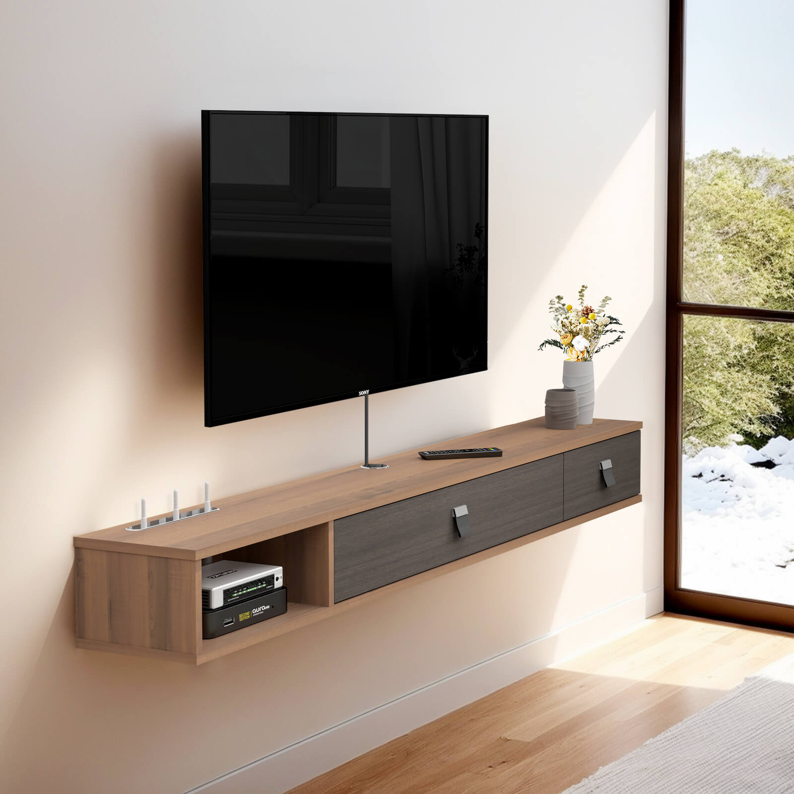 70.86" Plywood Floating TV Stand Wall Shelf with Two Doors for 75" 80" Televisions, Walnut