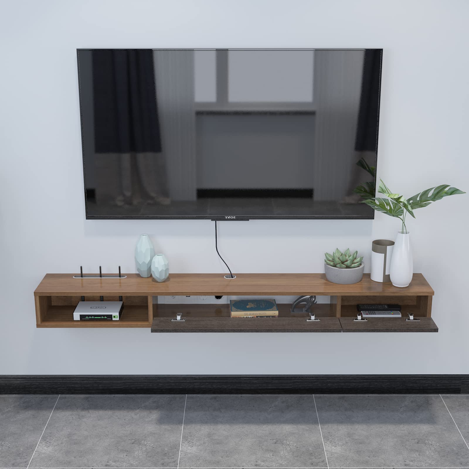 Plywood Floating TV Stand Wall Shelf with Two Doors Media Console