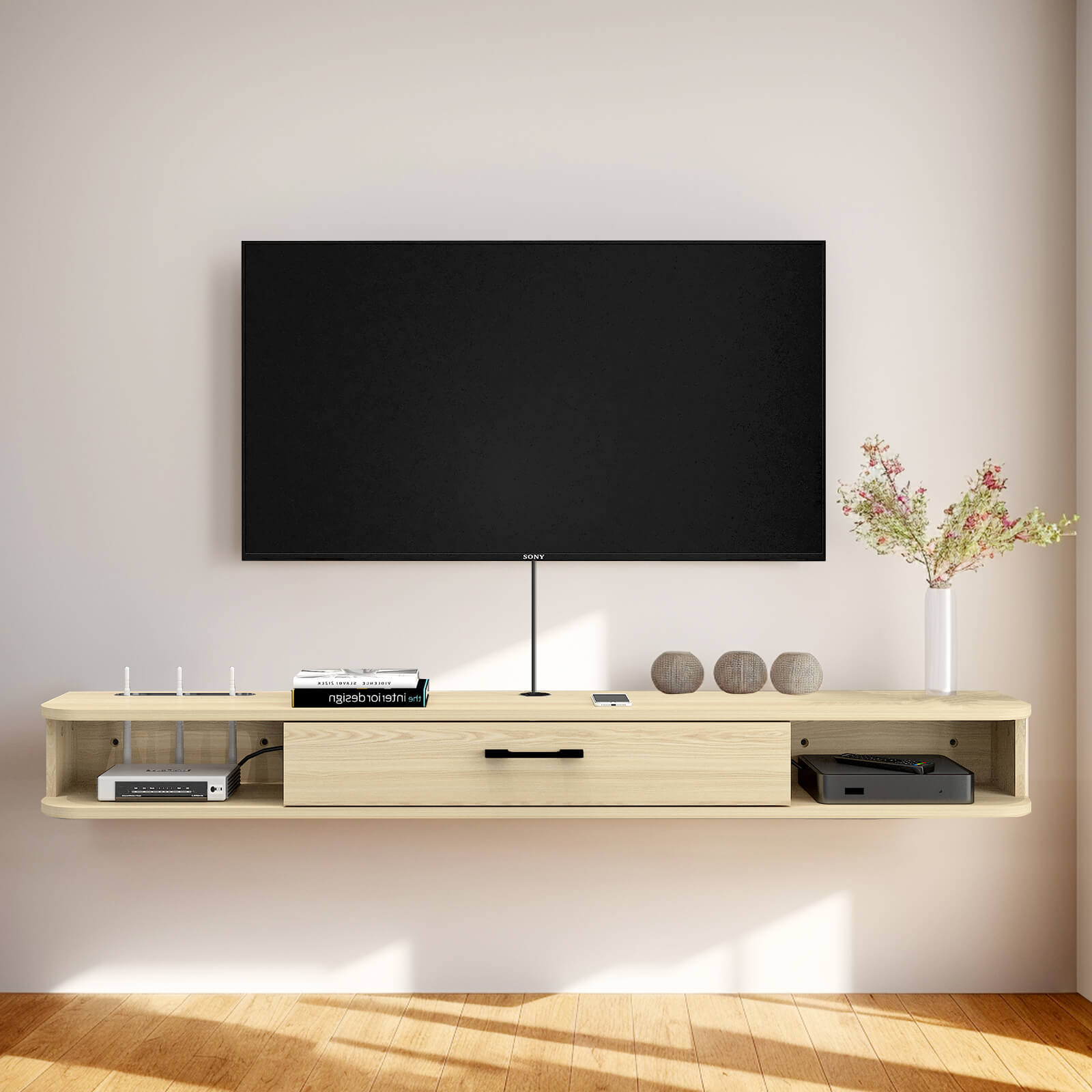 47.24" Plywood Slim Modern Floating TV Stand & Shelf for 32"-50" TVs, Light Oak