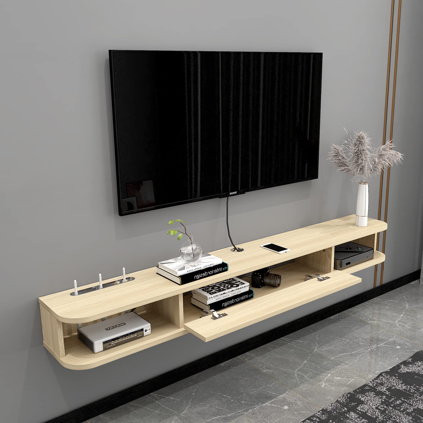 55.11" Slim Modern Plywood Floating TV Stand & Shelf for 55" 60" TVs, Light Oak