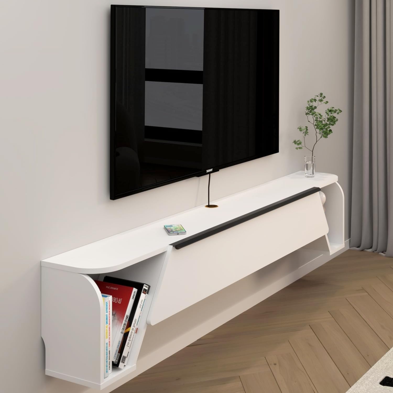 70.86" White Floating Media Console, Free Standing TV Stand With Golden Accent
