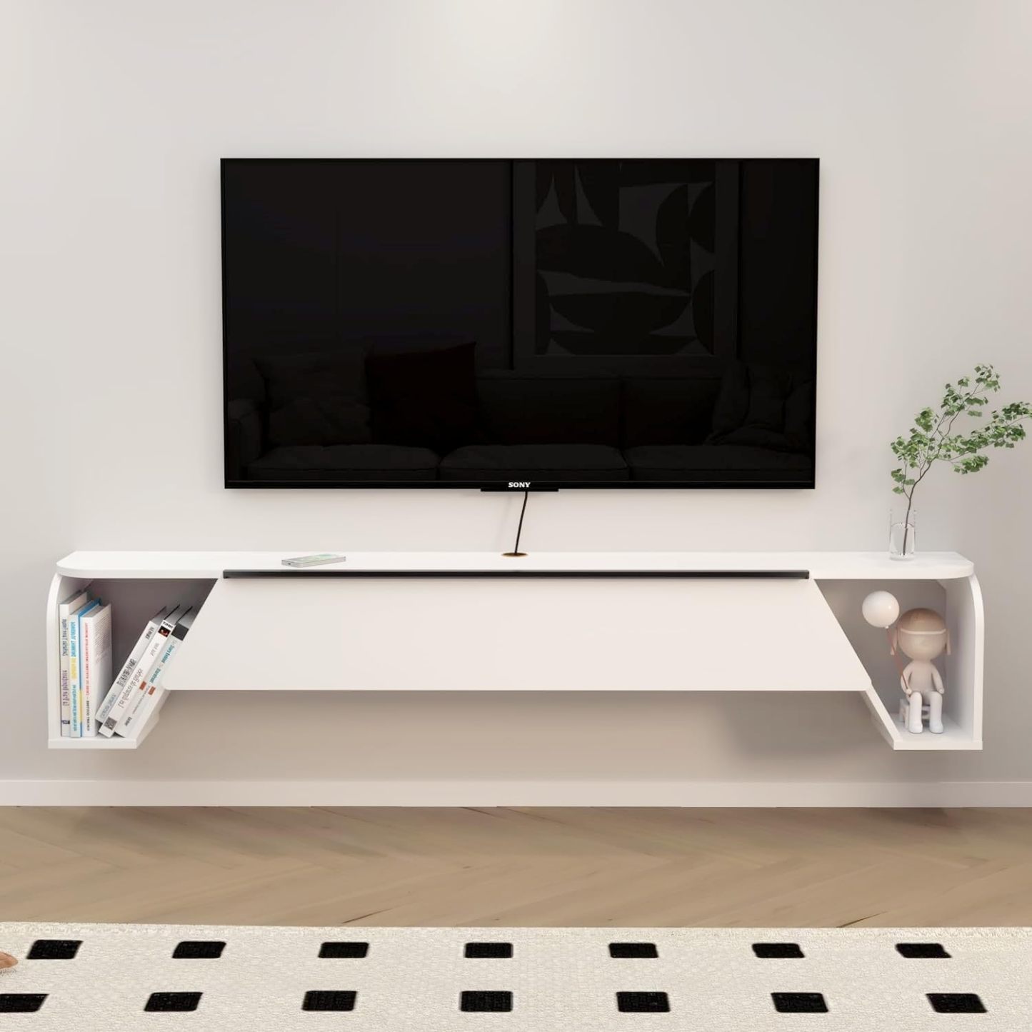 Customize Floating TV Stand With Golden Accent Free Standing Media Con