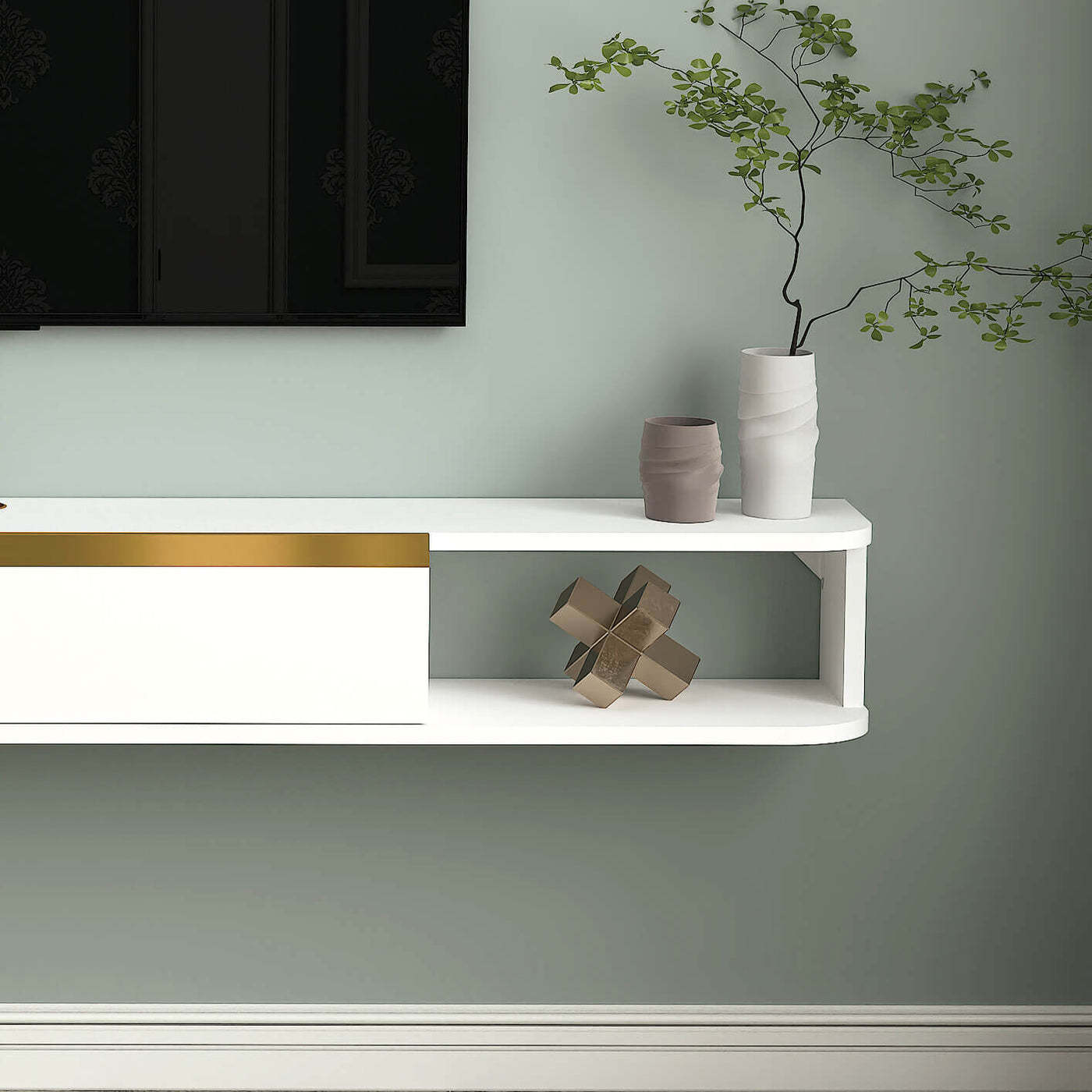 78.74" Modern White Plywood Floating White TV Stand Wall Shelf with Golden Accent Flip-down Door Media Console for 85" Televisions-Hometvstand All Rights Reserved