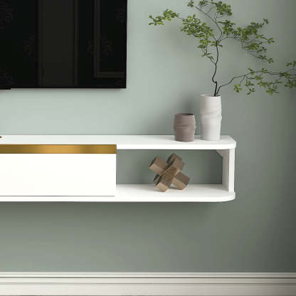78.74" Modern White Plywood Floating White TV Stand Wall Shelf with Golden Accent Flip-down Door Media Console for 85" Televisions-Hometvstand All Rights Reserved