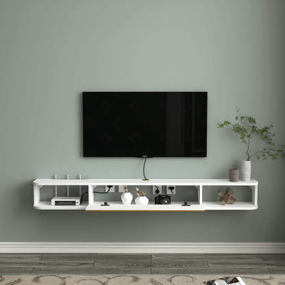 White Plywood Floating TV Stand Wall Shelf with Golden Accent for 50" TVs