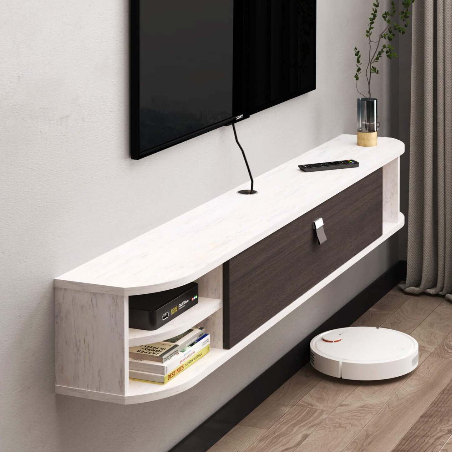63.01" Off White Plywood Floating TV Stand Shelf with Storage Cubbies for 65" 70" Television