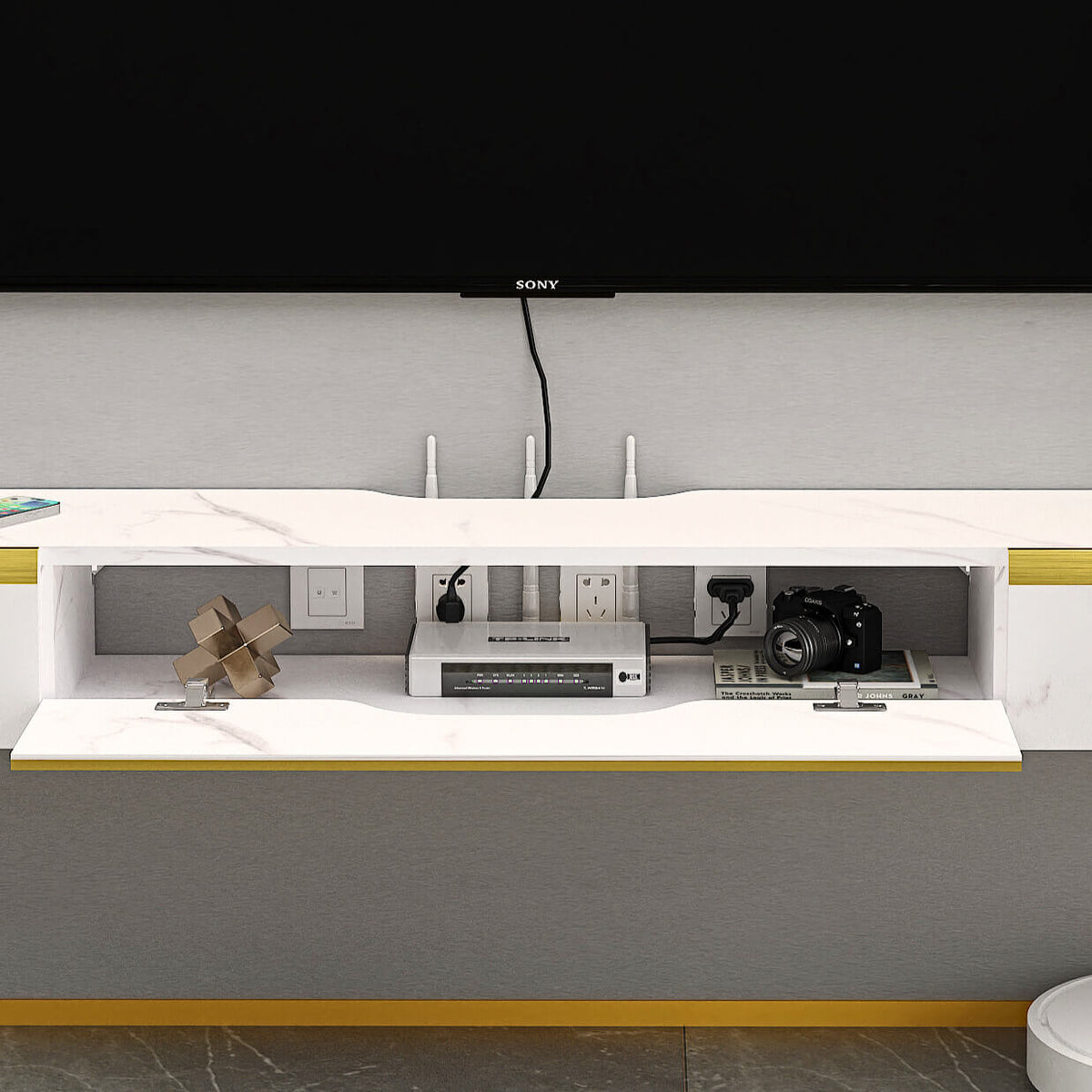 Plywood Floating TV Stand with Drawers for 60" 65" Televisions, White with Golden Accent