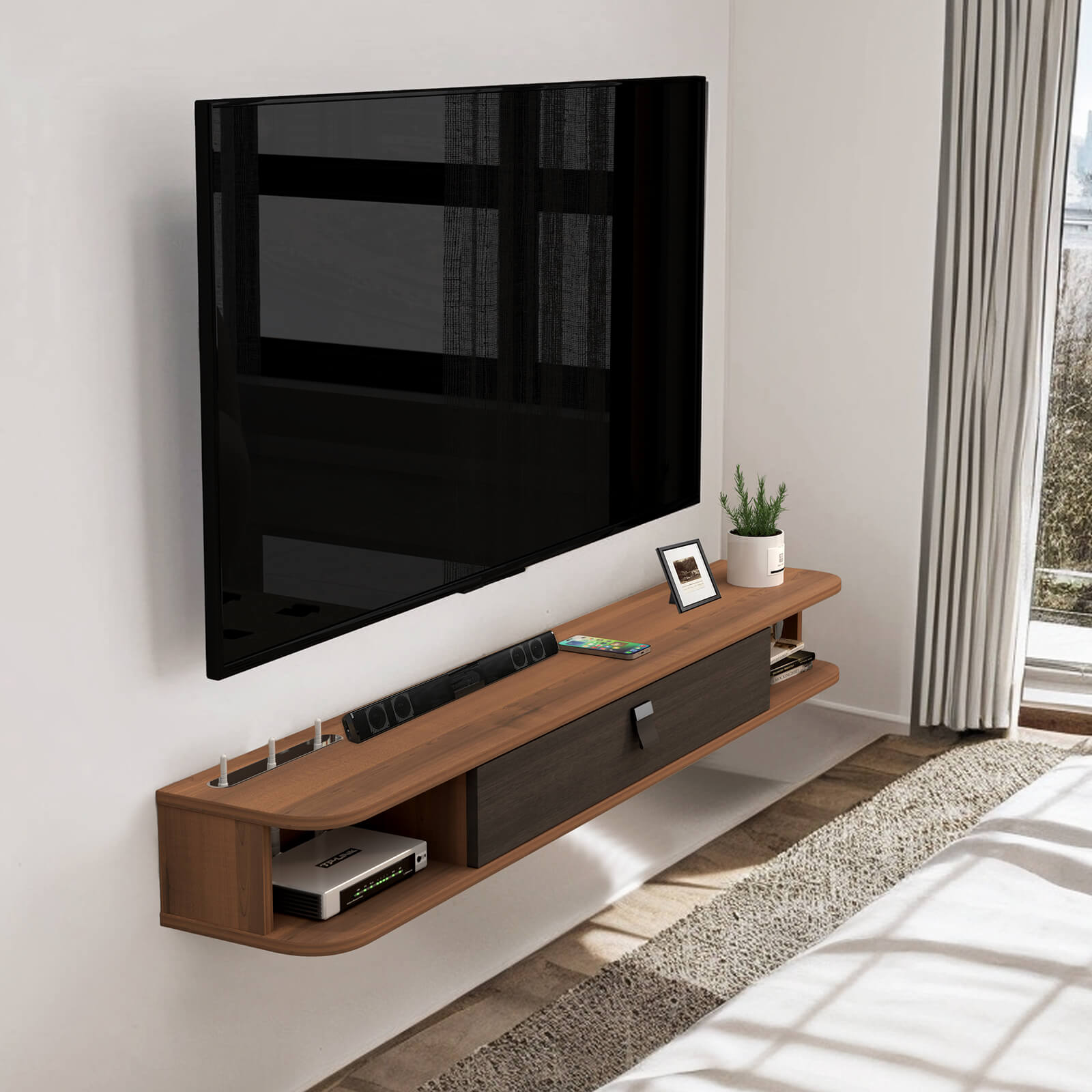 55.12" Walnut Plywood Slim Floating TV Stand for 55" 60" TV