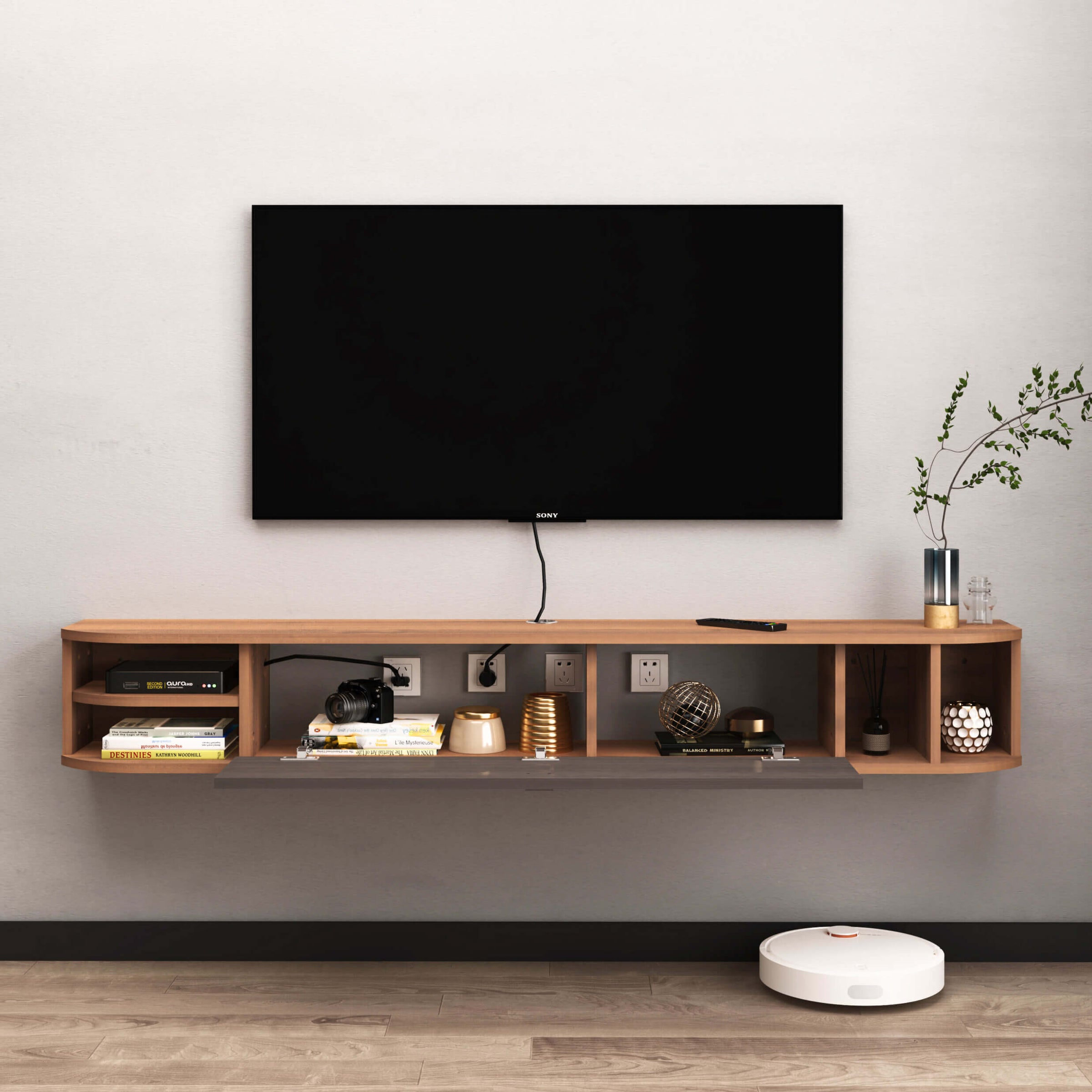 70.86" Modern Wood Floating TV Stand Shelf with Storage Cubbies for 80" TVs, Walnut
