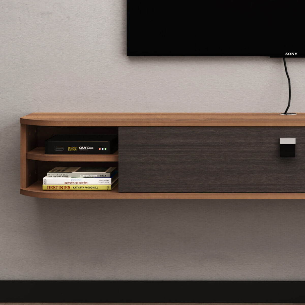 70.86" Modern Wood Floating TV Stand Shelf with Storage Cubbies for 80" TVs, Walnut