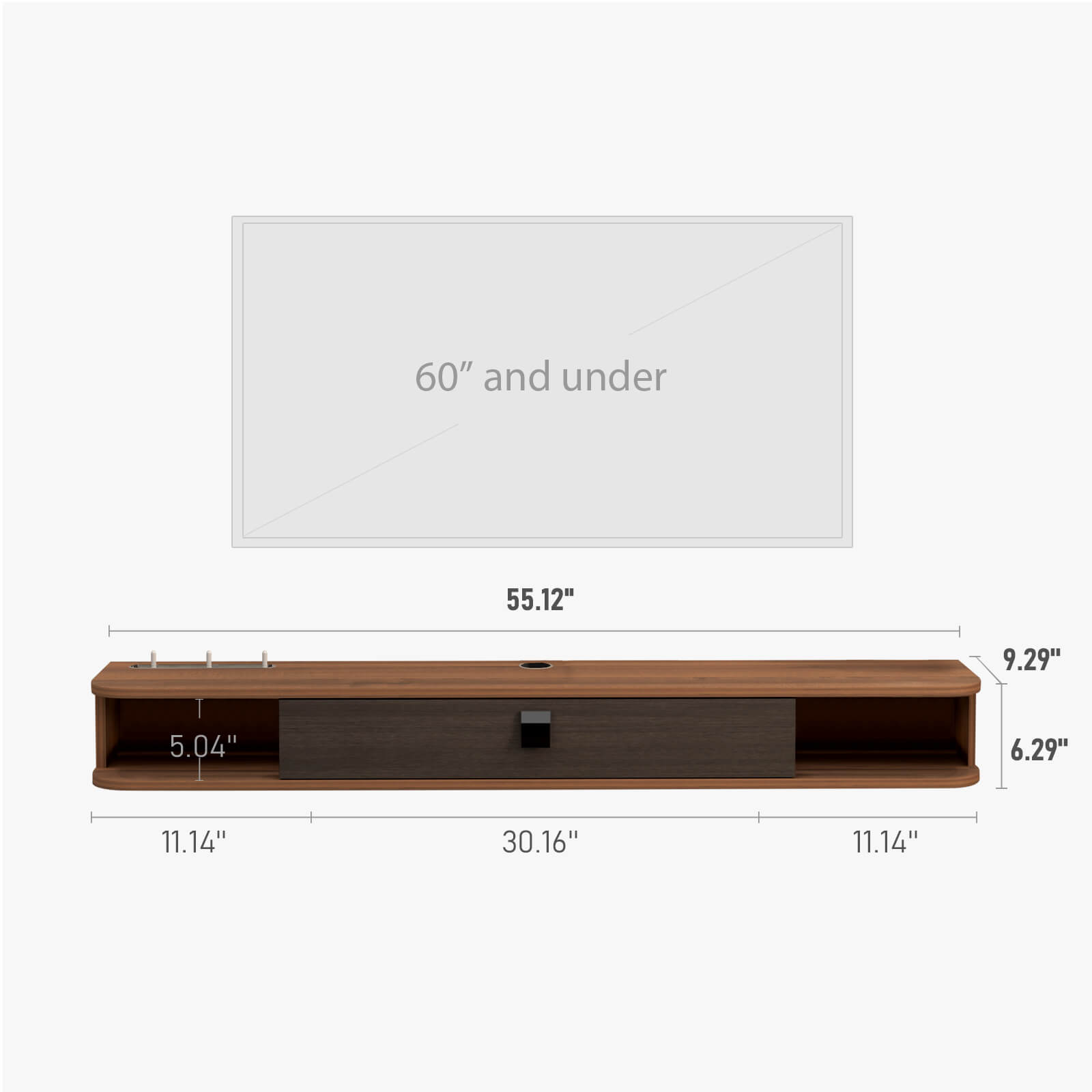 55.12" Walnut Plywood Slim Floating TV Stand for 55" 60" TV