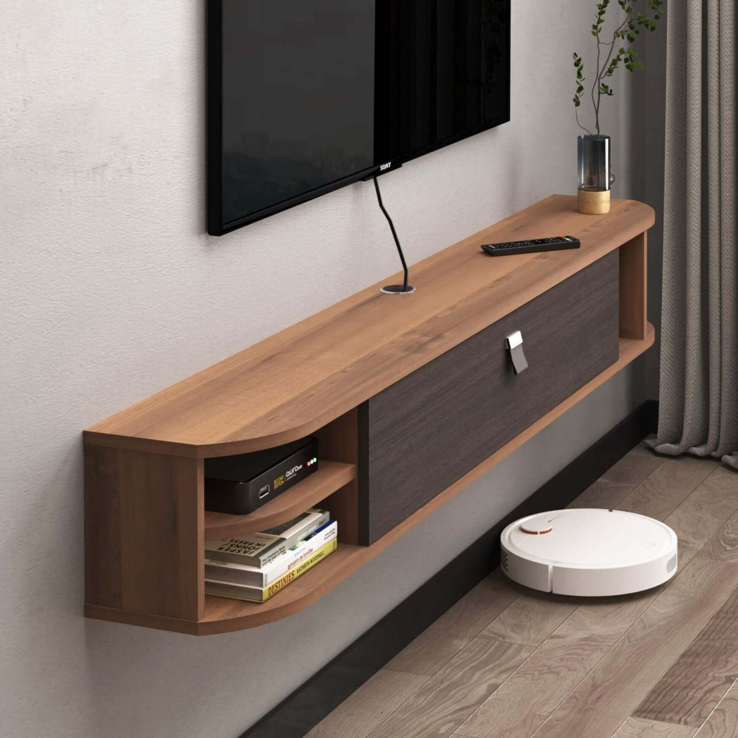 63.01" Modern Wood Floating TV Stand Shelf with Storage Cubbies for 65" 70" TVs, Walnut