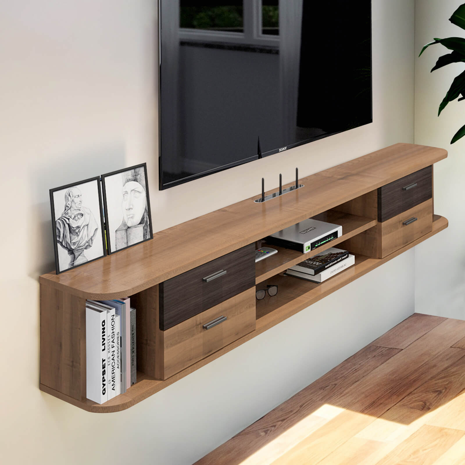 Plywood Floating TV Stand Shelf with Four Drawers for 50 inches Televisions, Walnut