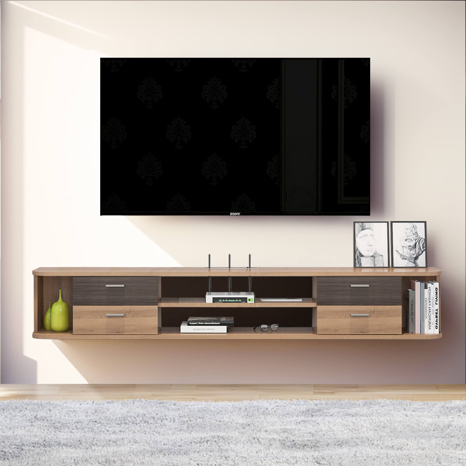 66.9" Plywood Floating TV Stand Shelf with Four Drawers for 70" 75" Televisions, Walnut