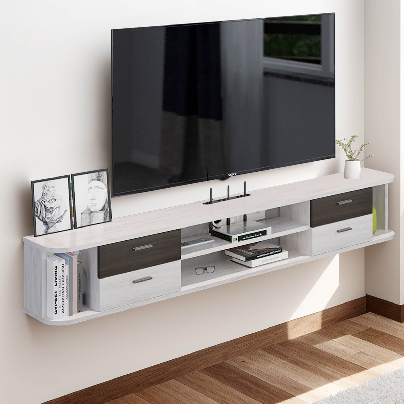 Plywood Floating TV Stand Shelf with Four Drawers for 50 inches Televisions, White