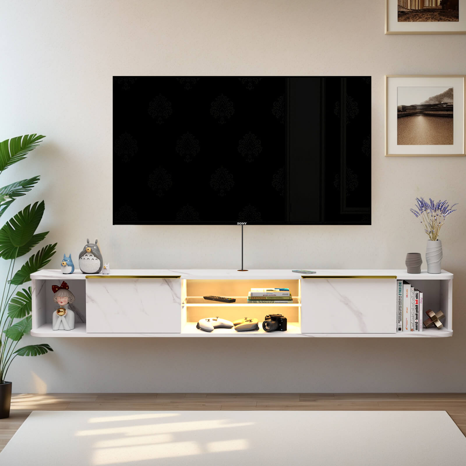 63" Plywood Floating TV Stand Media Wall Shelf with LED Lights for 65" 70" TVs, White