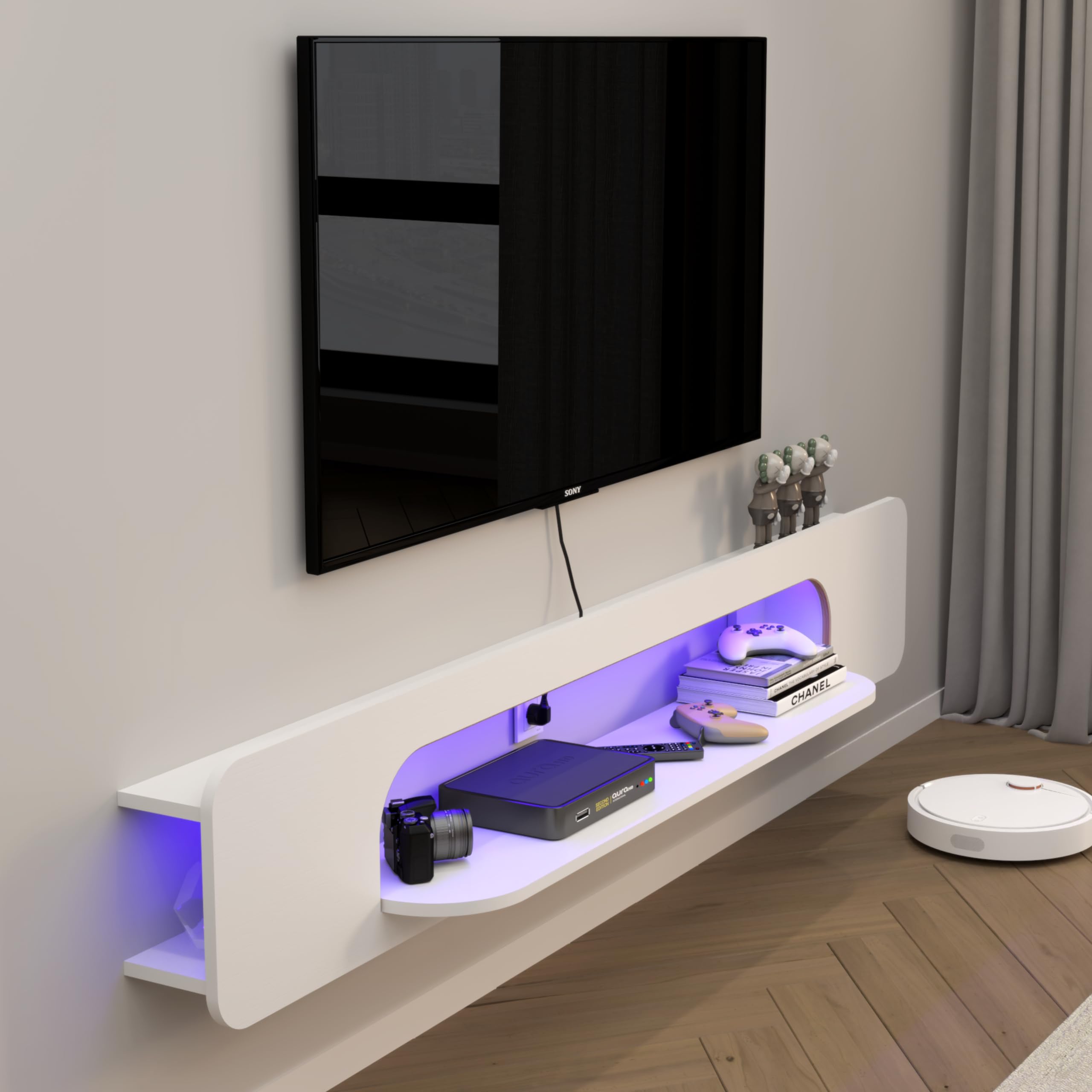Custom Wood Floating TV Shelf with Open Cabinet & LED Lights