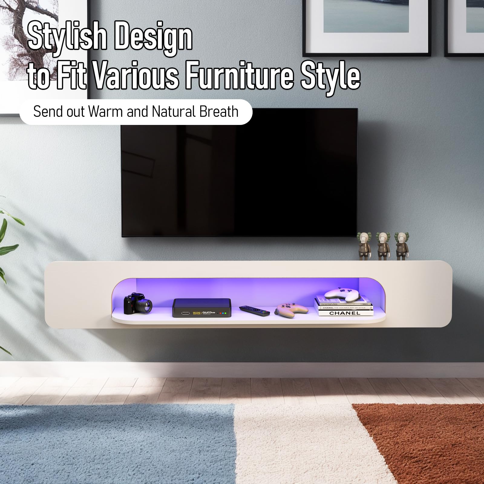 Custom Wood Floating TV Shelf with Open Cabinet & LED Lights