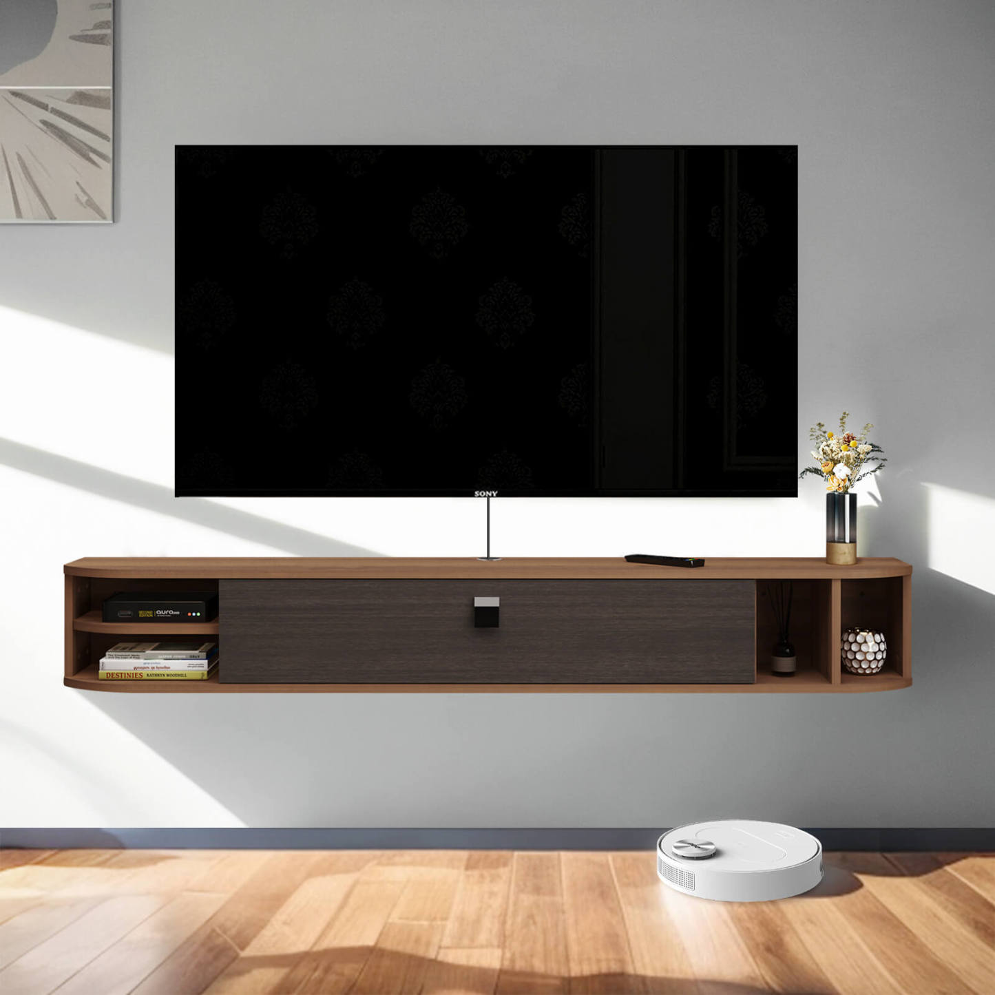 63.01" Modern Wood Floating TV Stand Shelf with Storage Cubbies for 65" 70" TVs, Walnut