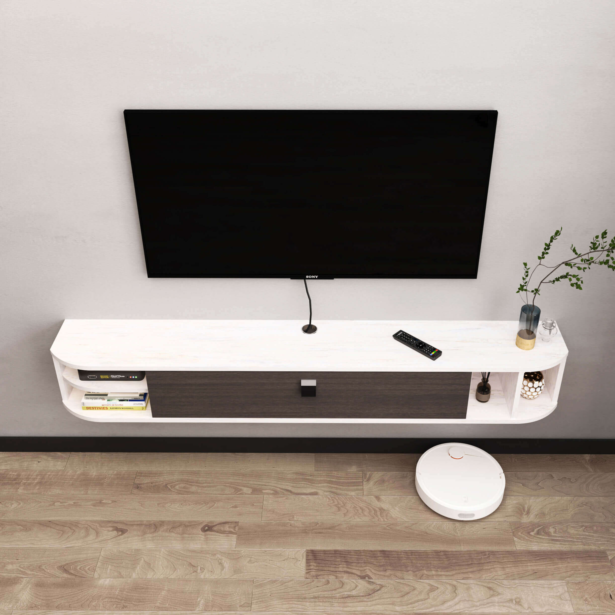 Custom Modern Plywood Floating TV Stand Shelf with Storage Cubbies Media Console