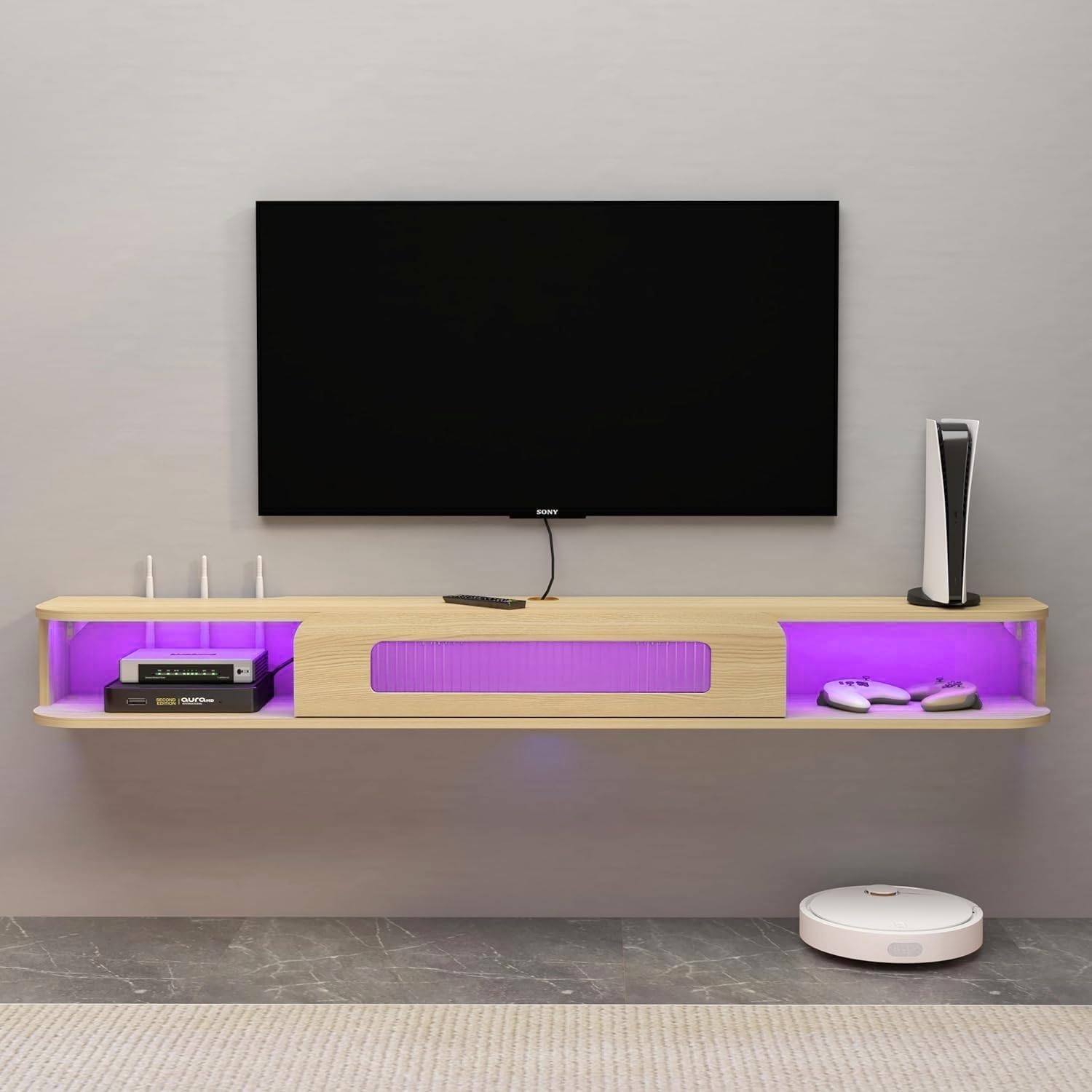 Floating TV Stand with LED Lights and Glass Door for 50" TVs, Light Oak