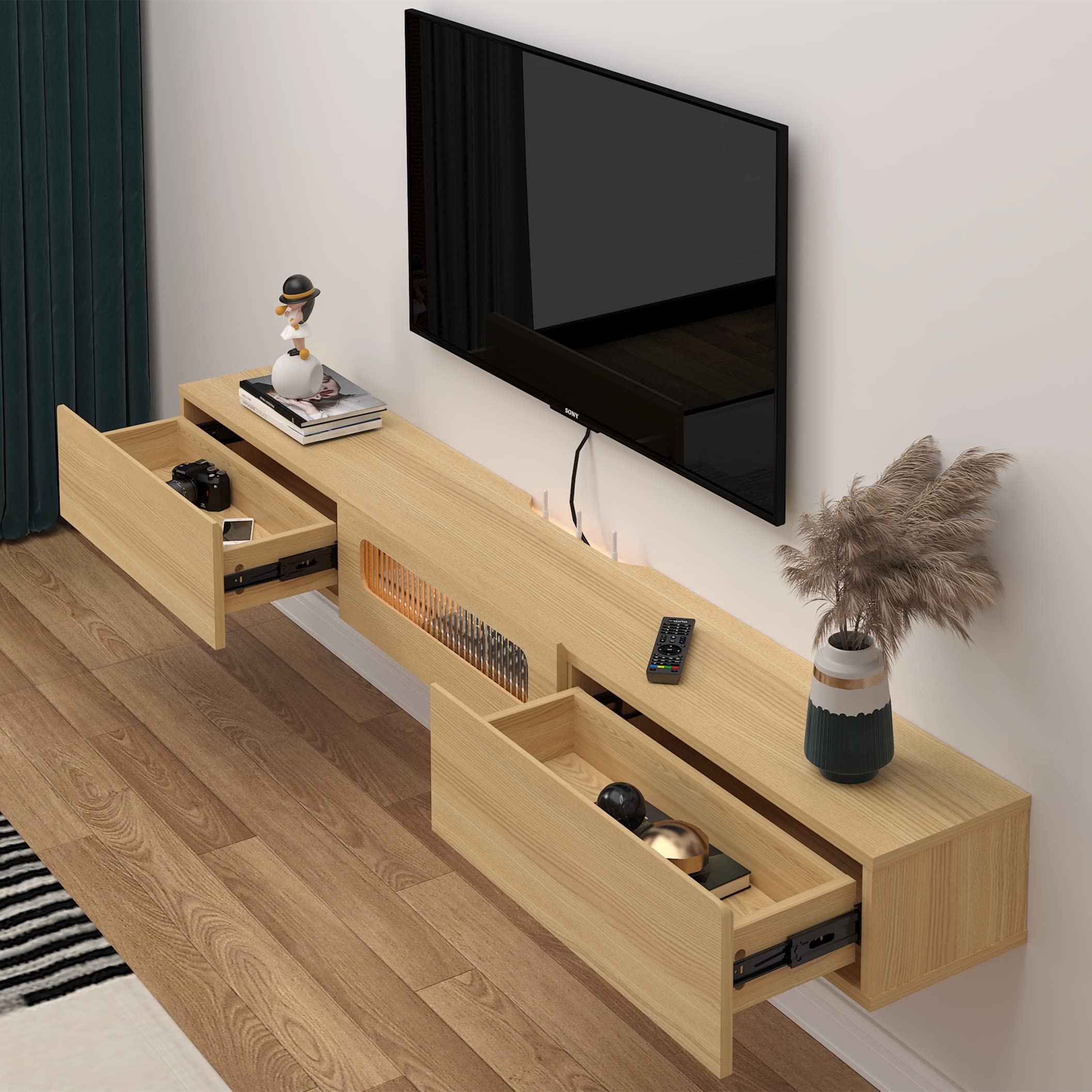 Floating TV Stand Wall Shelf with LED Lights and Storage Drawers