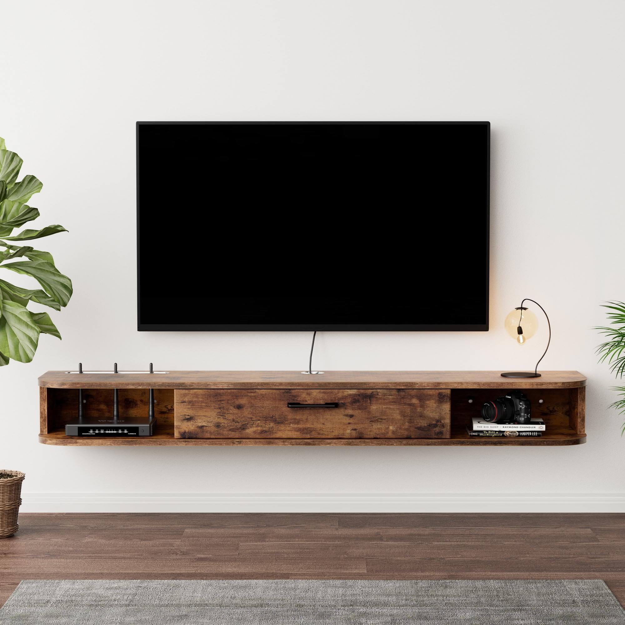 Custom Plywood Slim Floating TV Stand with Open Cabinets Entertainment