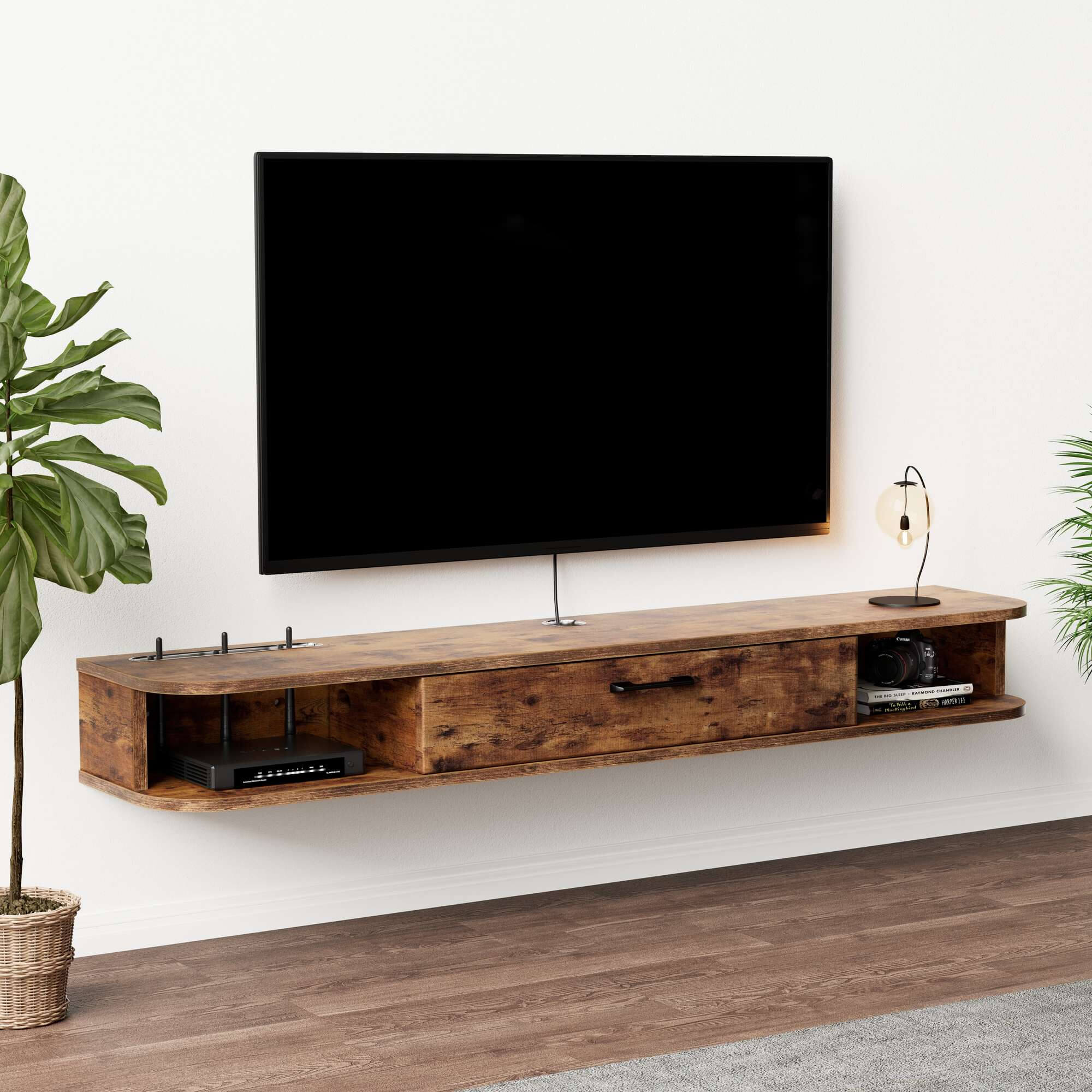 Custom Plywood Slim Floating TV Stand with Open Cabinets Entertainment Center