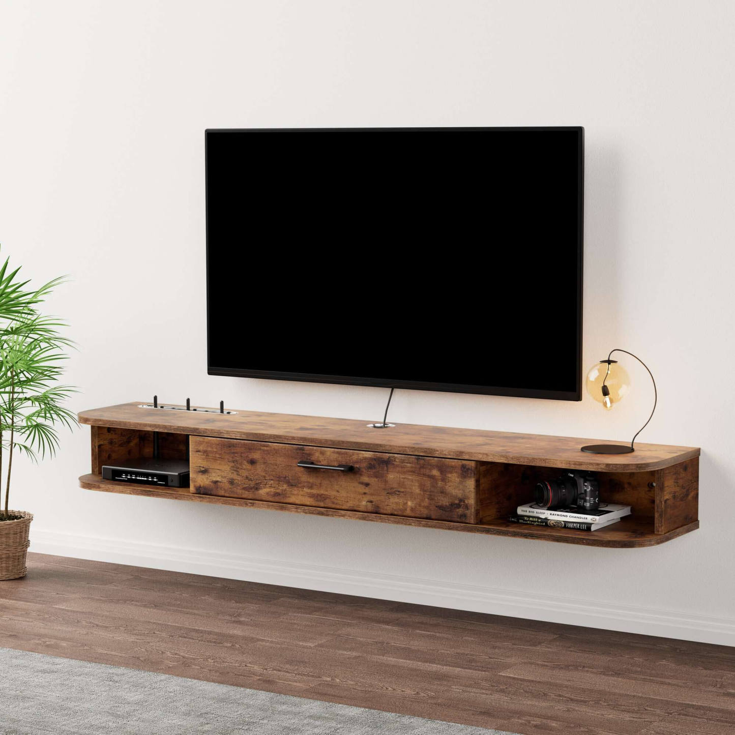 Custom Plywood Slim Floating TV Stand with Open Cabinets Entertainment Center