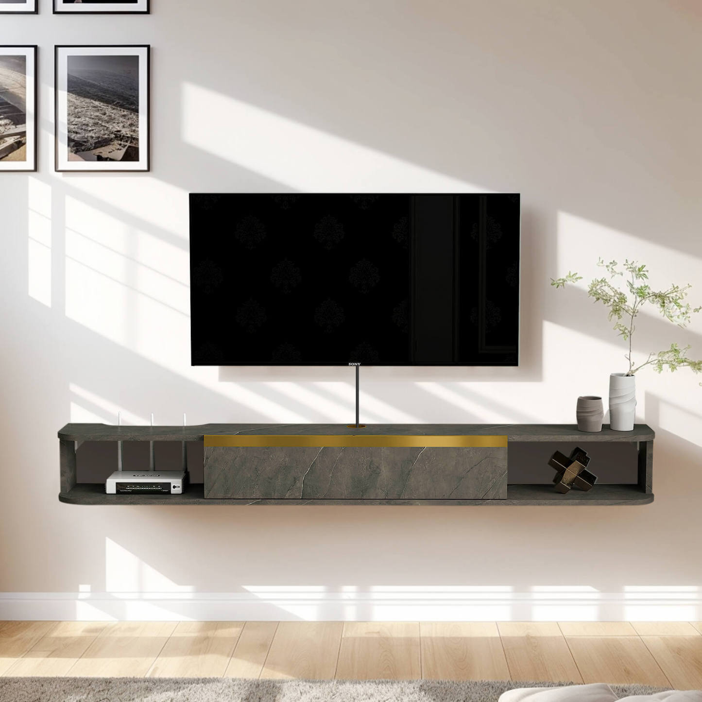62.99" Wood Floating TV Stand Wall Shelf with Golden Accent for 65" 70" TV, Dark Grey