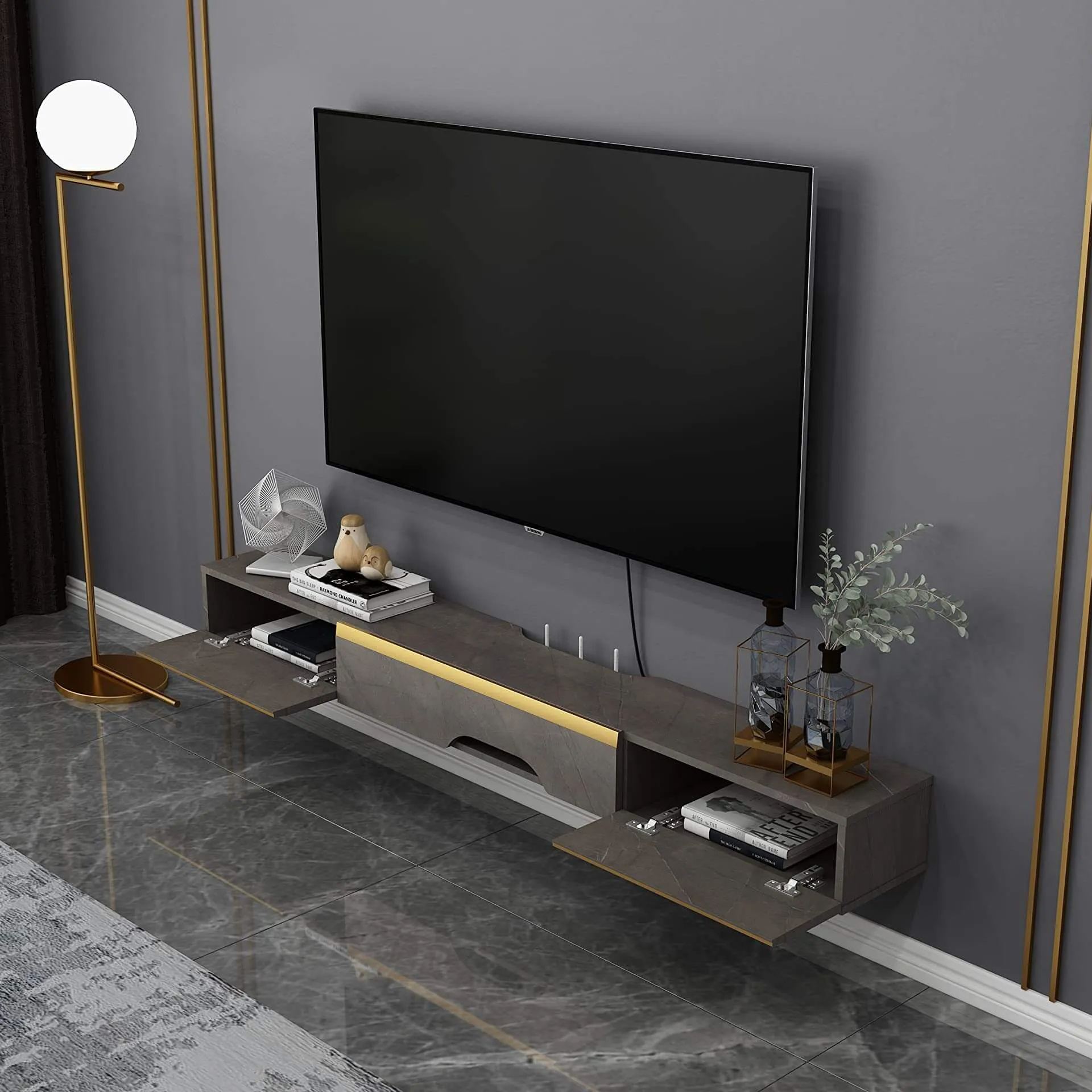 Plywood Floating TV Stand with Door Storage for 50" Televisions, Dark Grey with Golden Accent