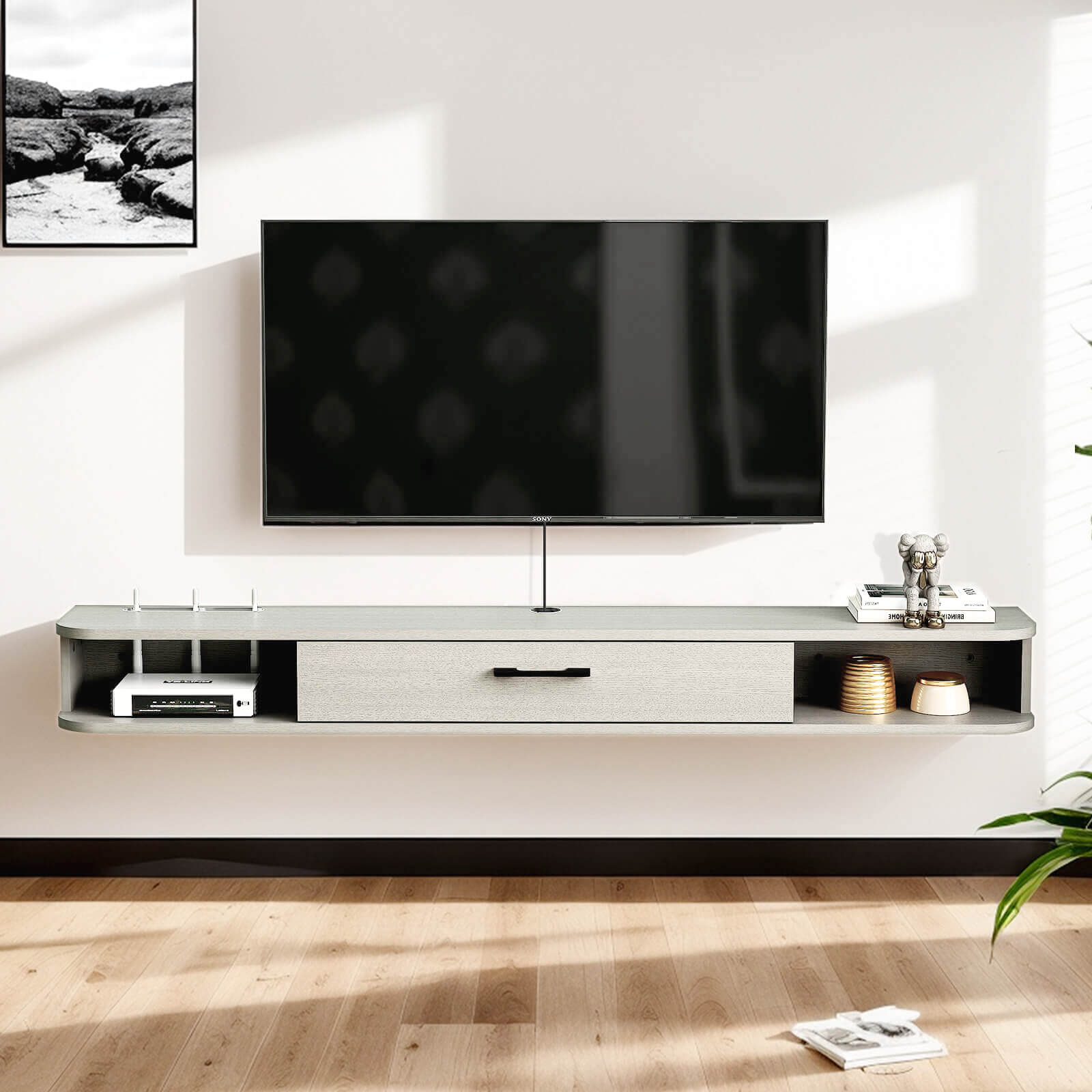 Light Grey Oak Plywood Slim Modern Floating TV Stand & Shelf for 32"-50" TVs