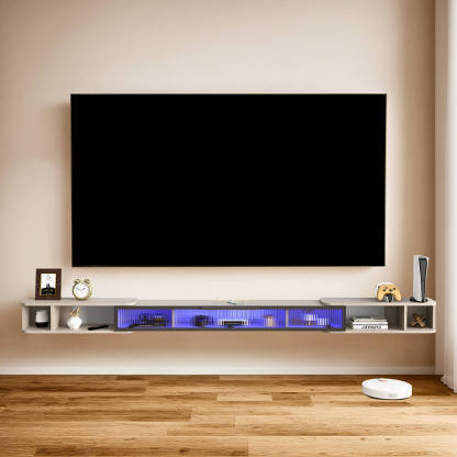 Light Grey Retractable Modern Wood Floating TV Stand with LED Lights &