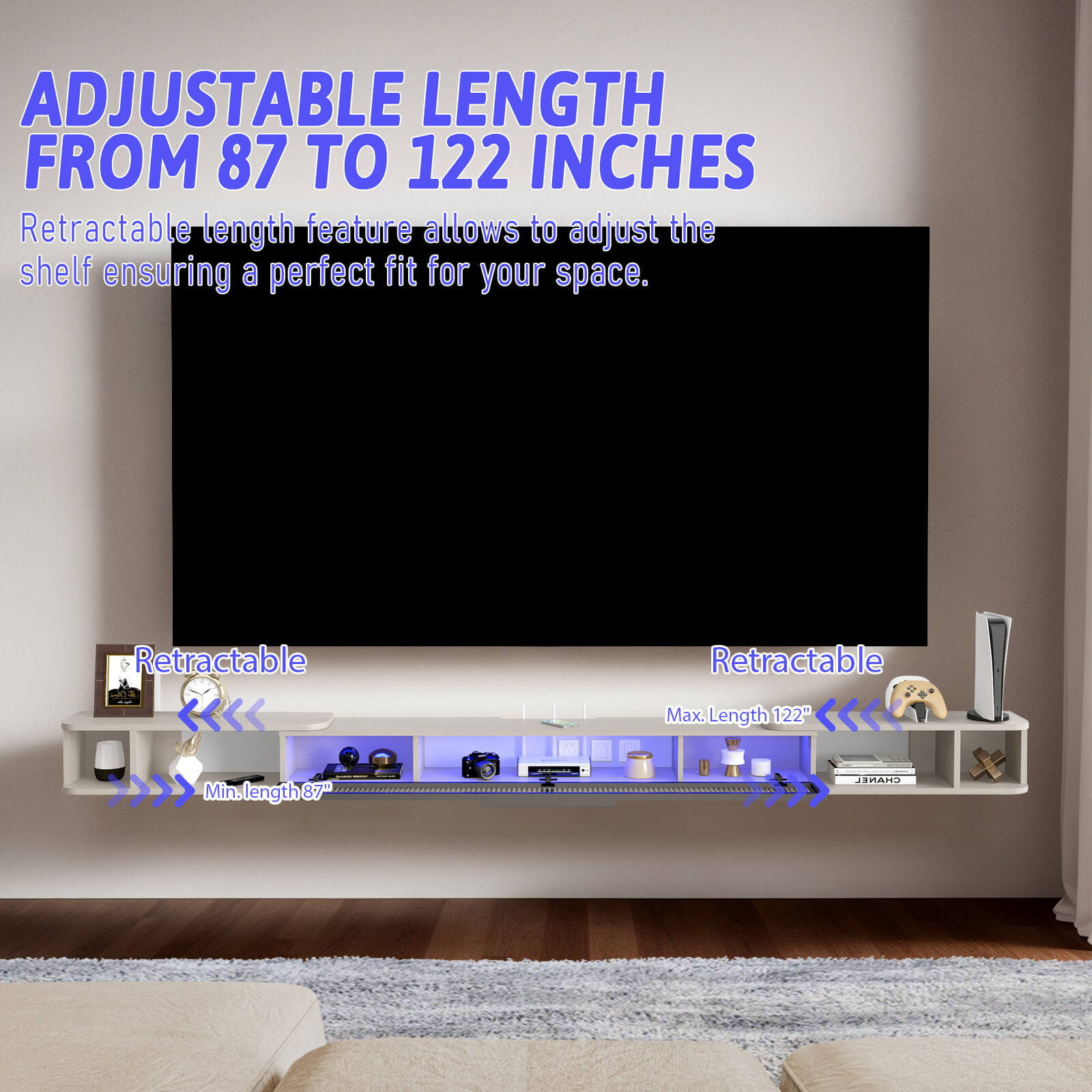 Light Grey Retractable Modern Wood Floating TV Stand with LED Lights & Glass Door